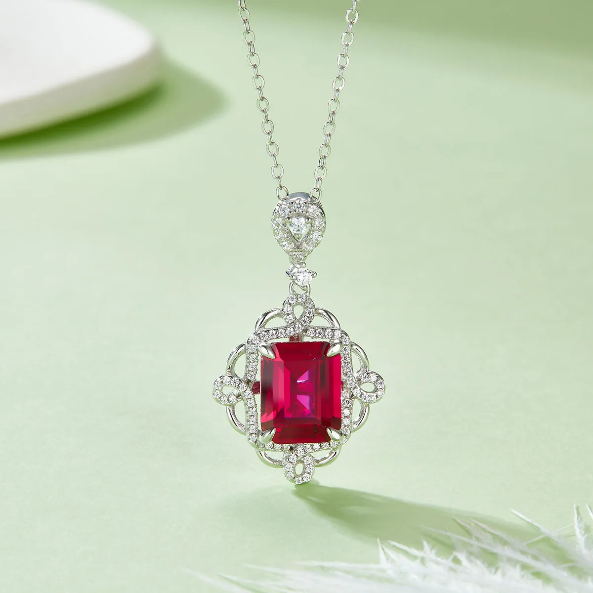 4.23 Carat Rectangular Lab Created Ruby with Elegant Rhombus Lace S925 Silver Plated Platinum Necklace