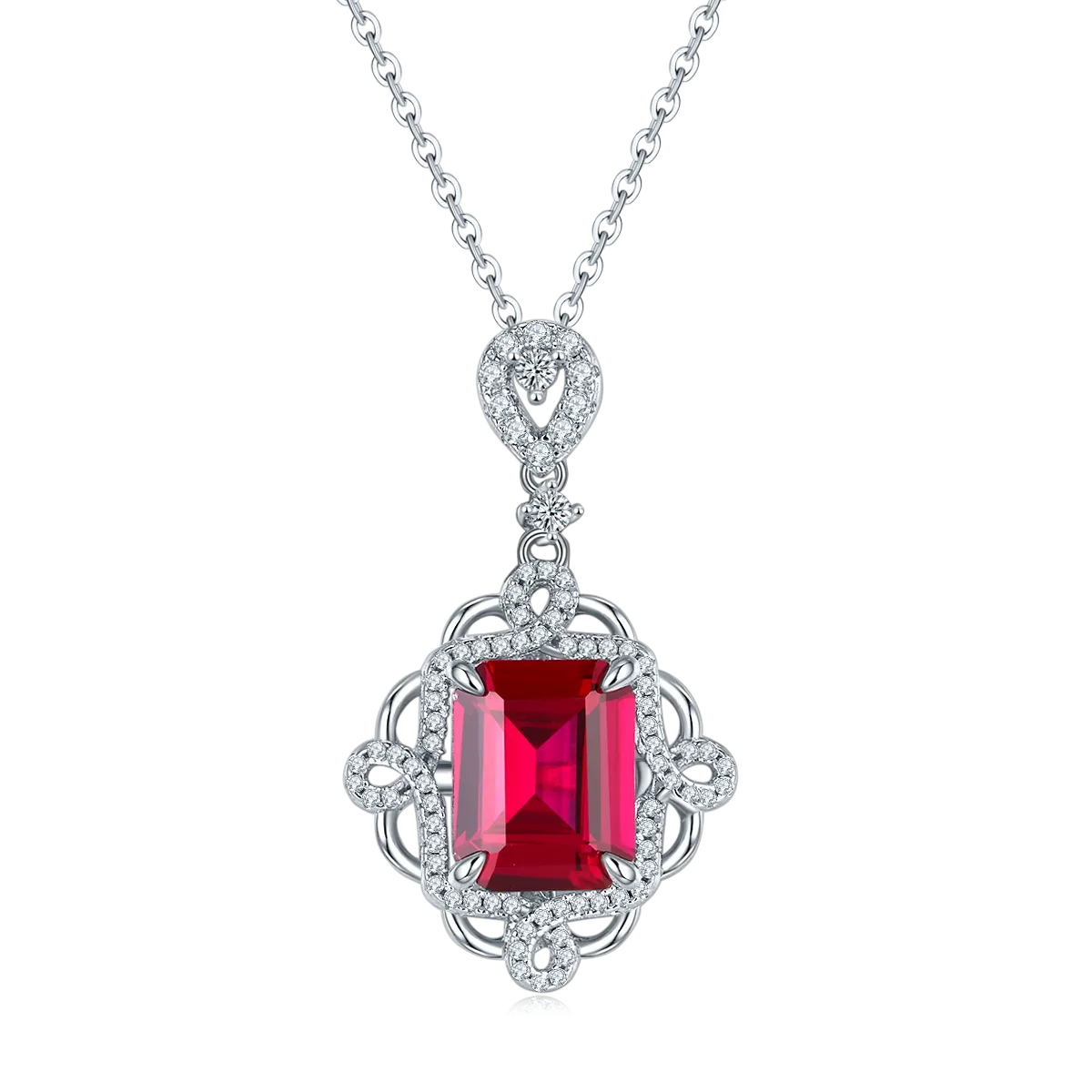 4.23 Carat Rectangular Lab Created Ruby with Elegant Rhombus Lace S925 Silver Plated Platinum Necklace