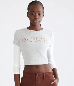 Aeropostale Womens' Long Sleeve Seriously Soft Los Angeles Cropped Graphic 2Fer Tee - Grey - Size XS - Cotton - Teen Fashion & Clothing Light Heather Grey