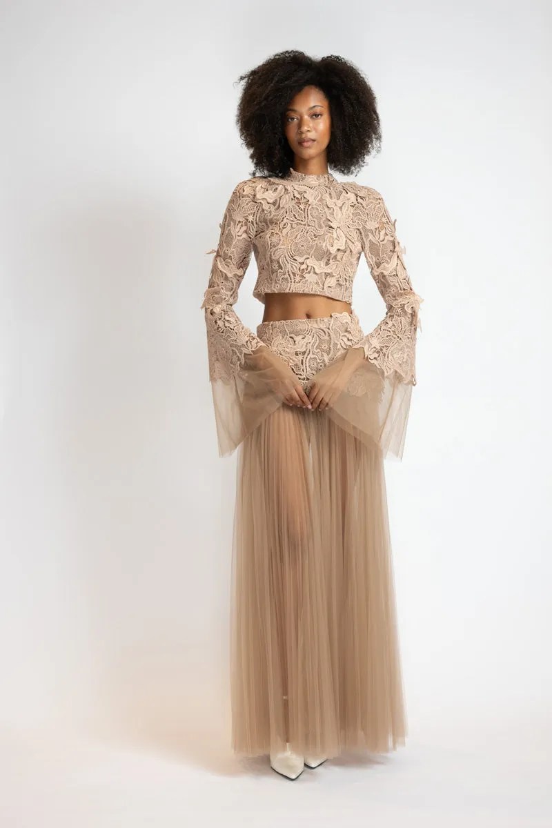 Almond Nomad Dropped Waist Lehenga Pleated Skirt