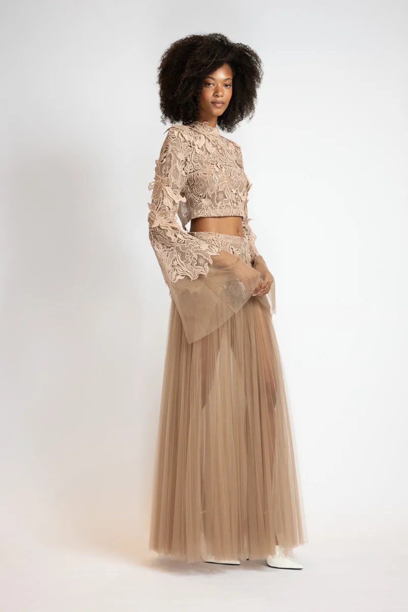 Almond Nomad Dropped Waist Lehenga Pleated Skirt