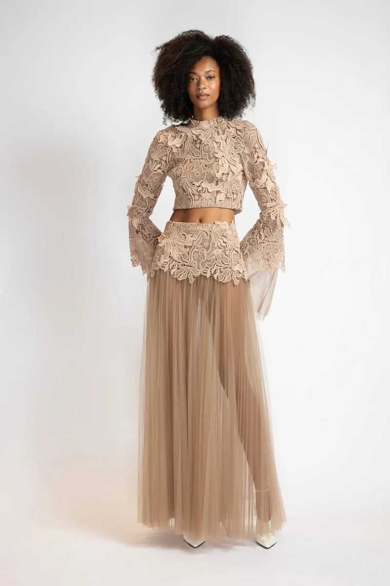 Almond Nomad Dropped Waist Lehenga Pleated Skirt