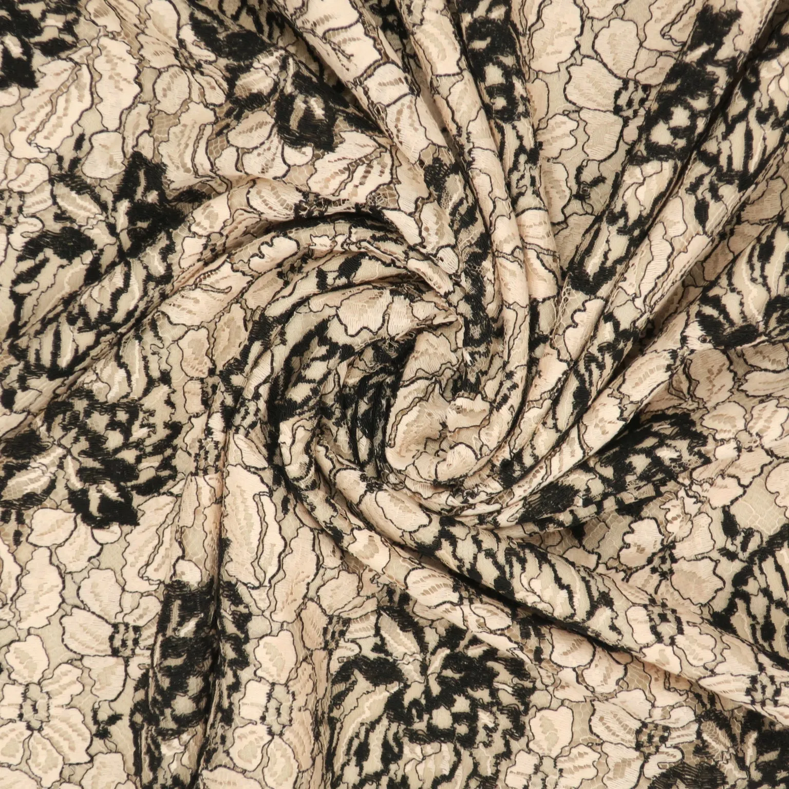 Beige and Black Corded Embroidered Lace Fabric