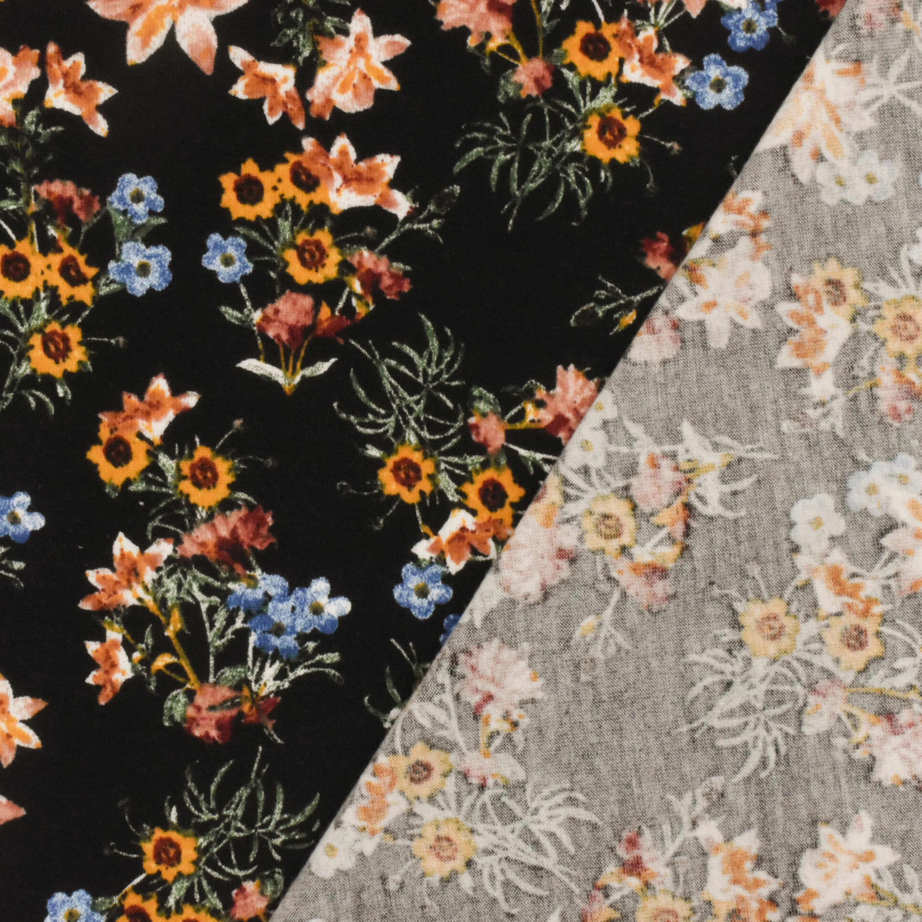 Black-Mustard-Multi Floral Printed Stretch Polyester Jersey Knit Fabric