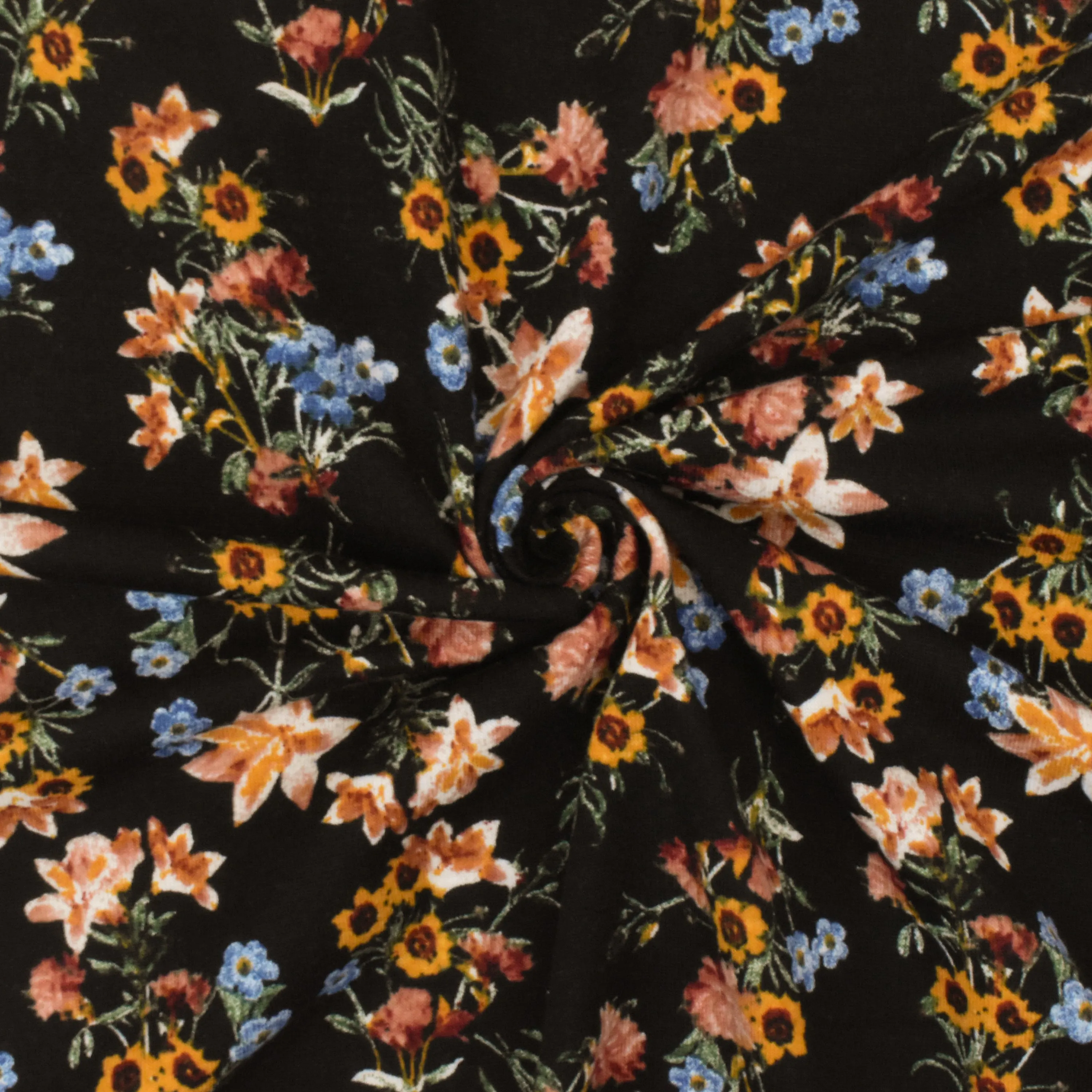 Black-Mustard-Multi Floral Printed Stretch Polyester Jersey Knit Fabric