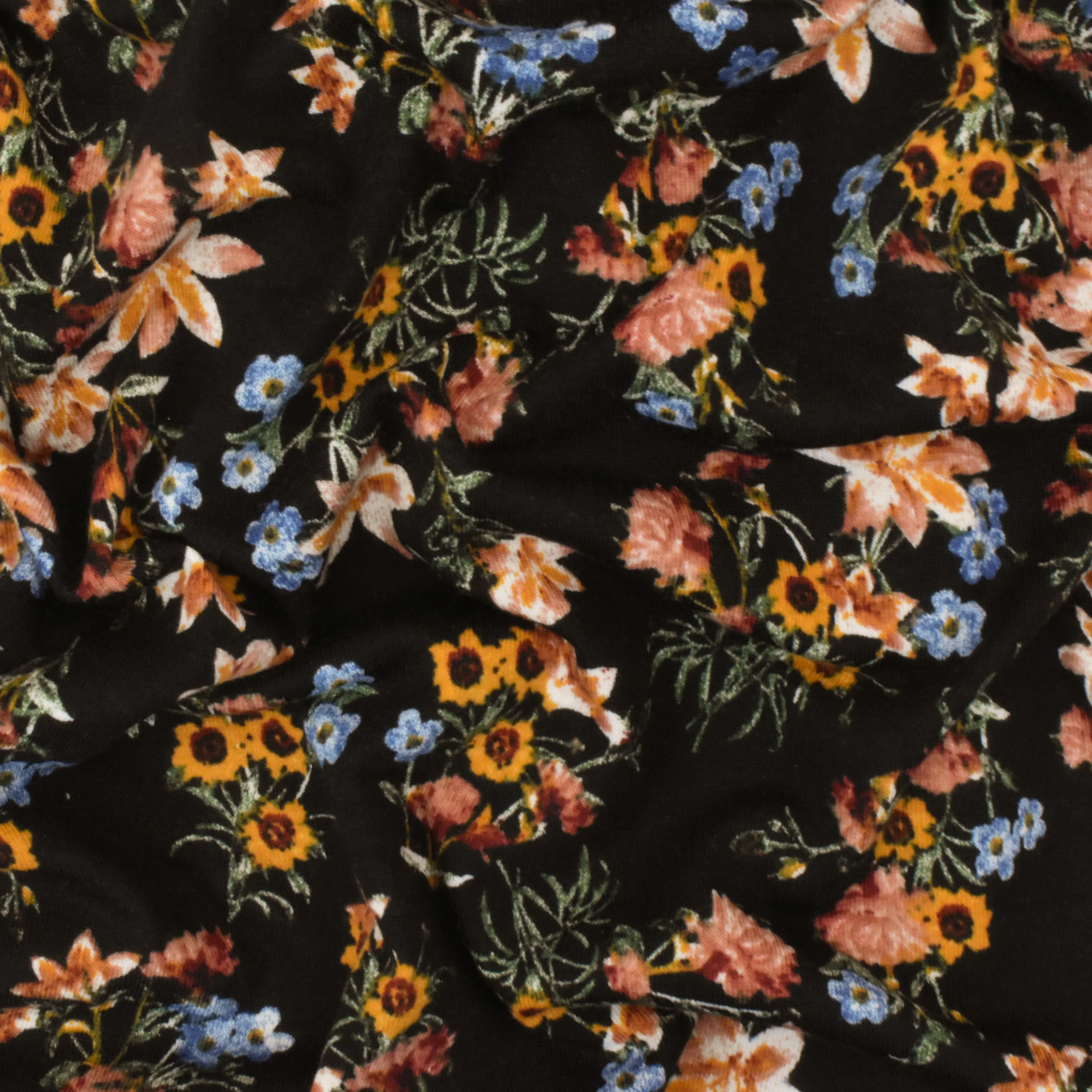 Black-Mustard-Multi Floral Printed Stretch Polyester Jersey Knit Fabric