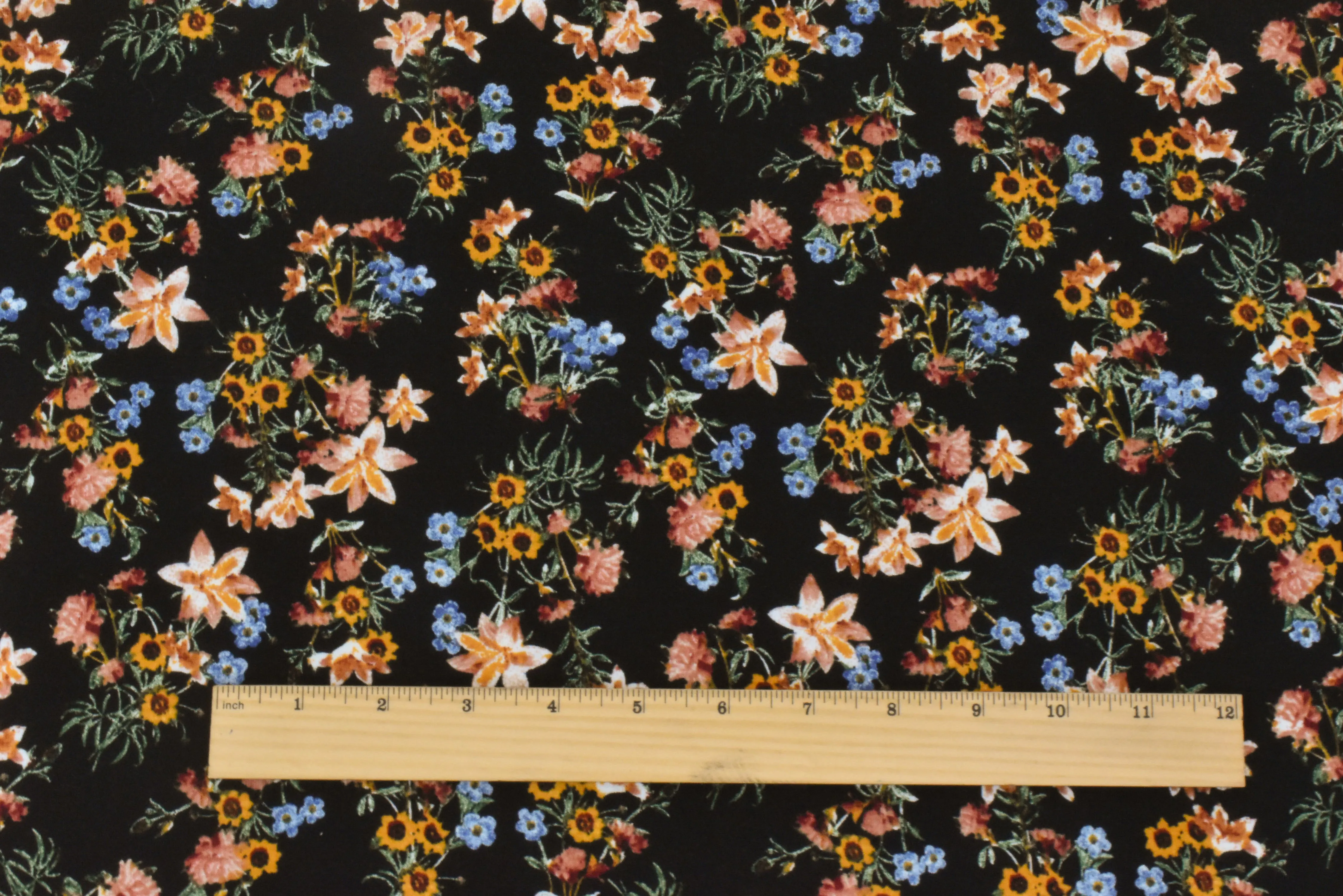 Black-Mustard-Multi Floral Printed Stretch Polyester Jersey Knit Fabric