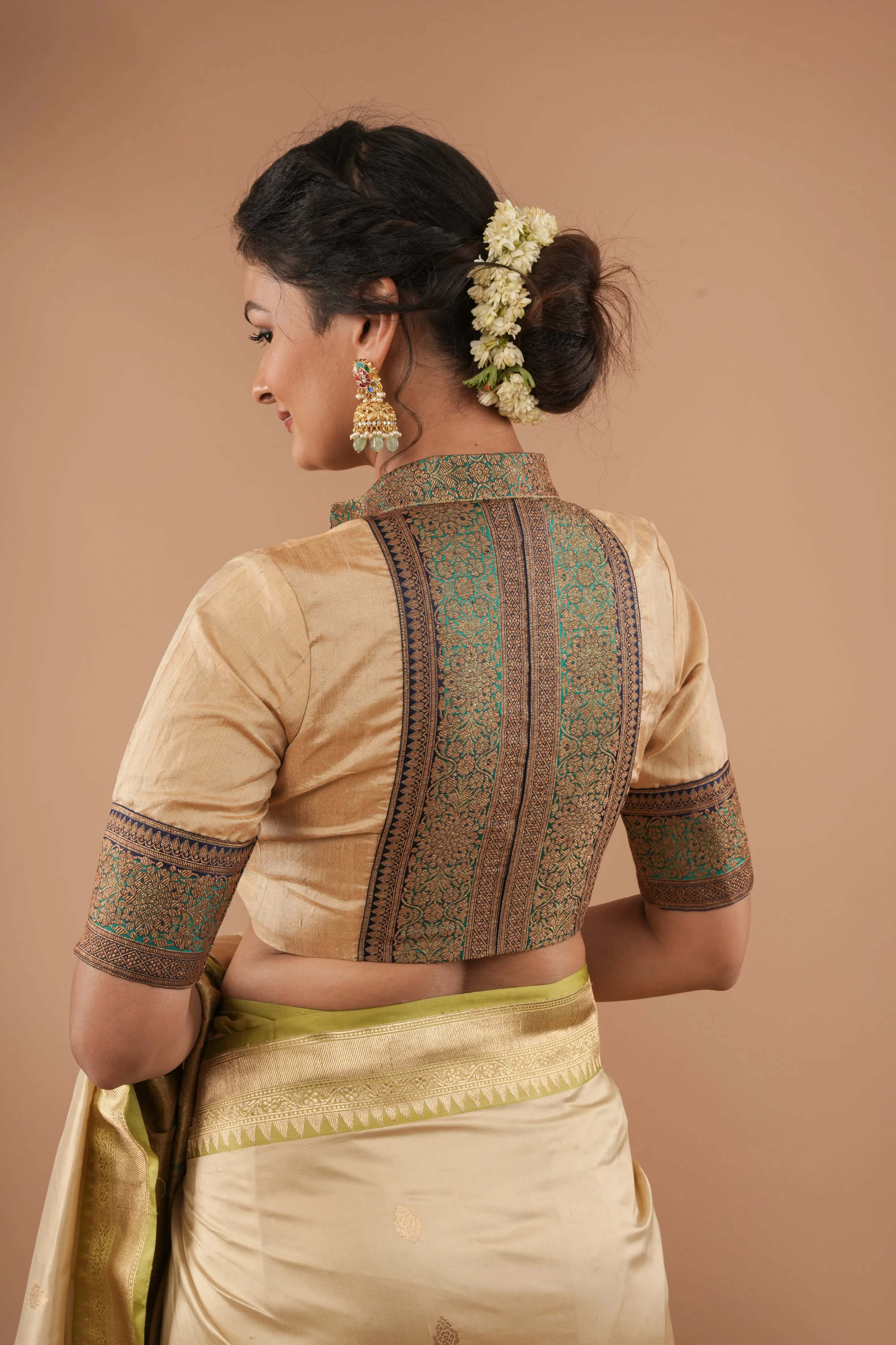 BLOUSE : Sandalwood Pure Tissue  Raw Silk Blouse with blue green borders antique zari detailing