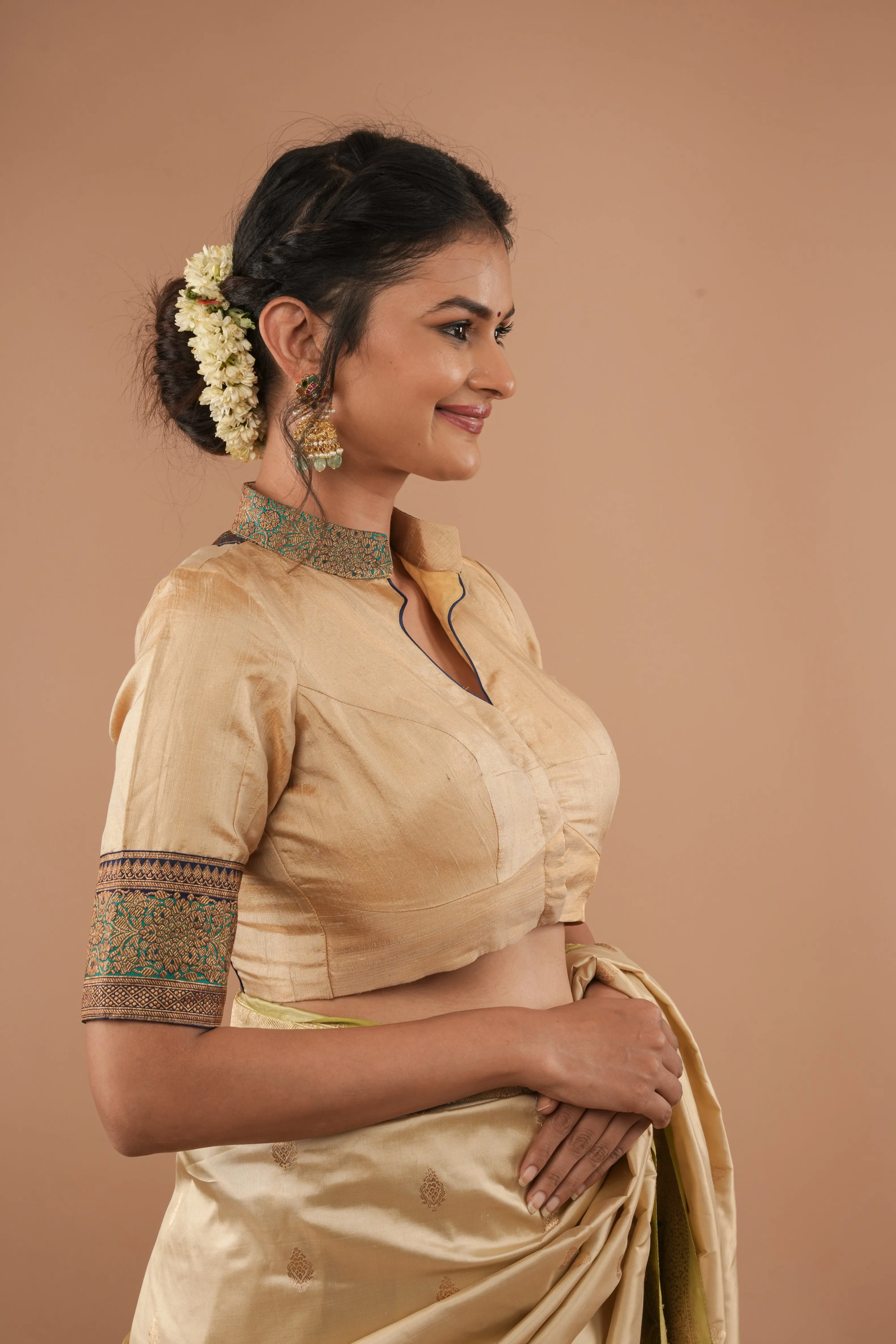 BLOUSE : Sandalwood Pure Tissue  Raw Silk Blouse with blue green borders antique zari detailing