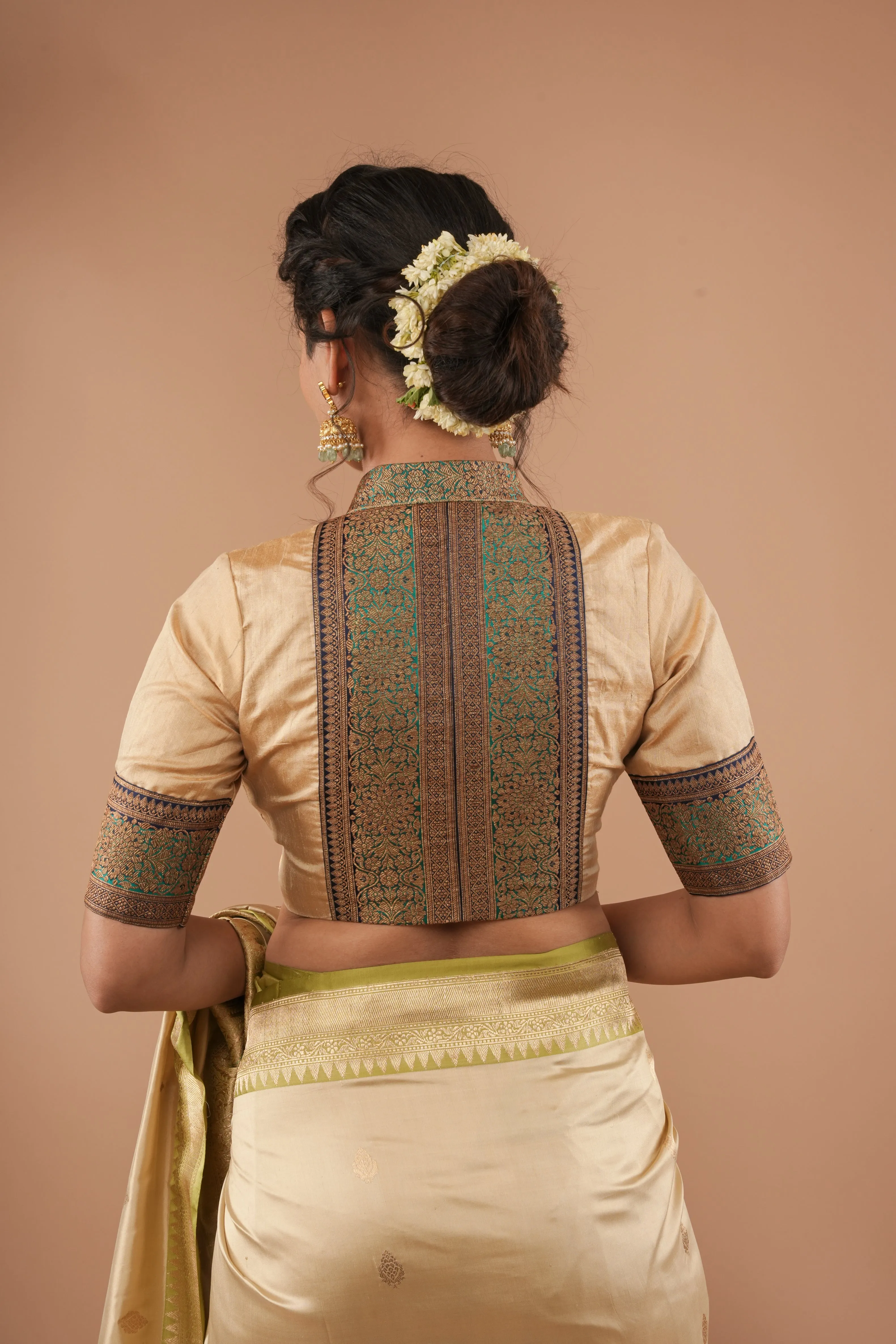 BLOUSE : Sandalwood Pure Tissue  Raw Silk Blouse with blue green borders antique zari detailing