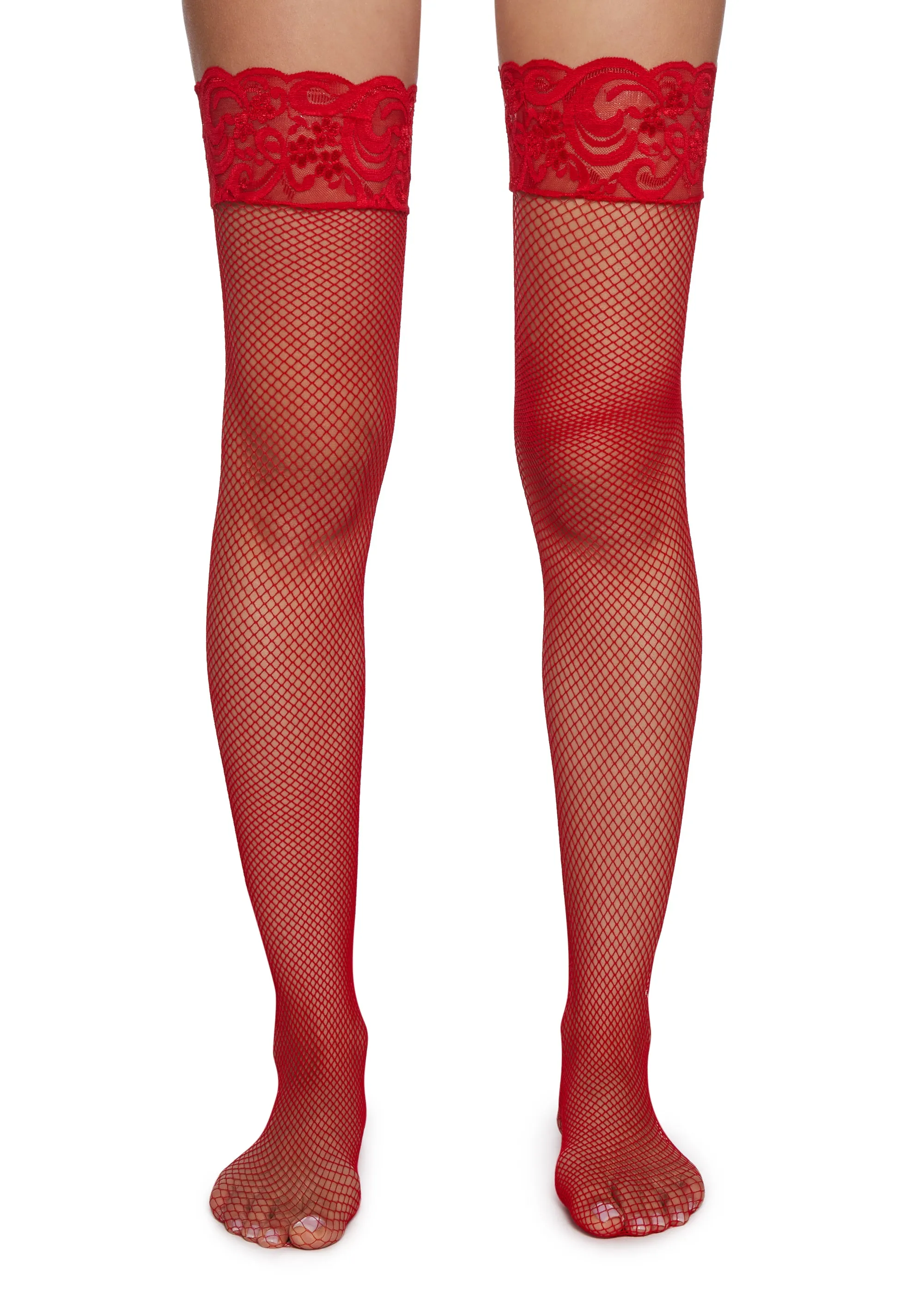 Charming Temptation Fishnet Thigh Highs - Red