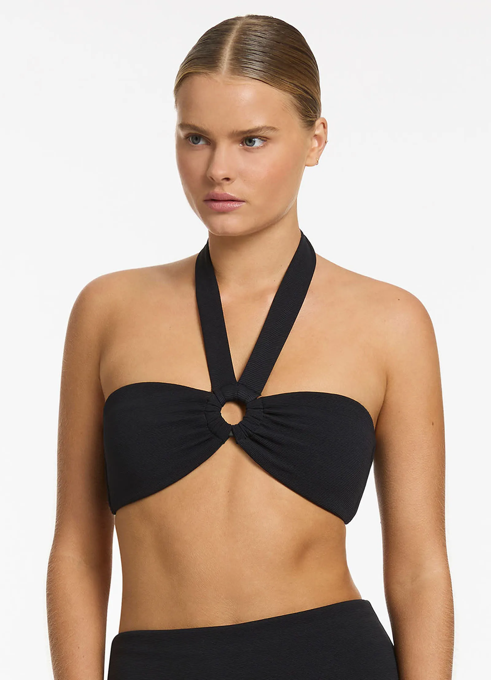 Isla Rib Bandeau Bikini Halter Top - Black