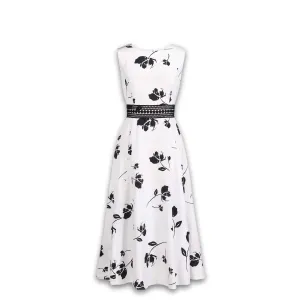 J. Peterman Women's Sleeveless Lace Waist Dress in Black & White Floral