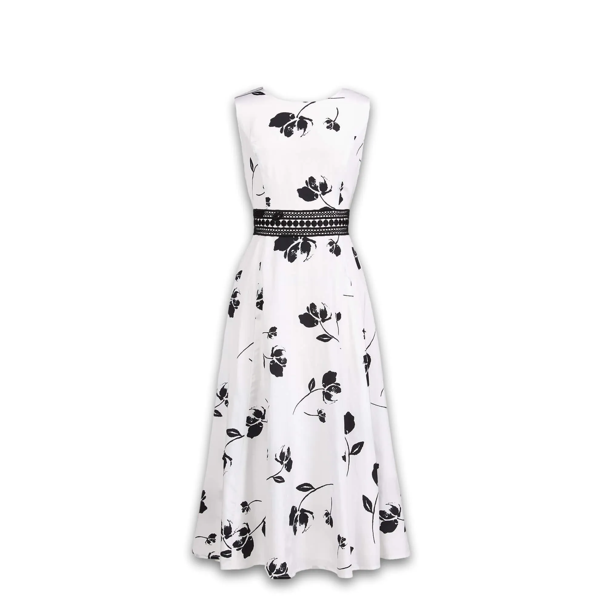 J. Peterman Women's Sleeveless Lace Waist Dress in Black & White Floral