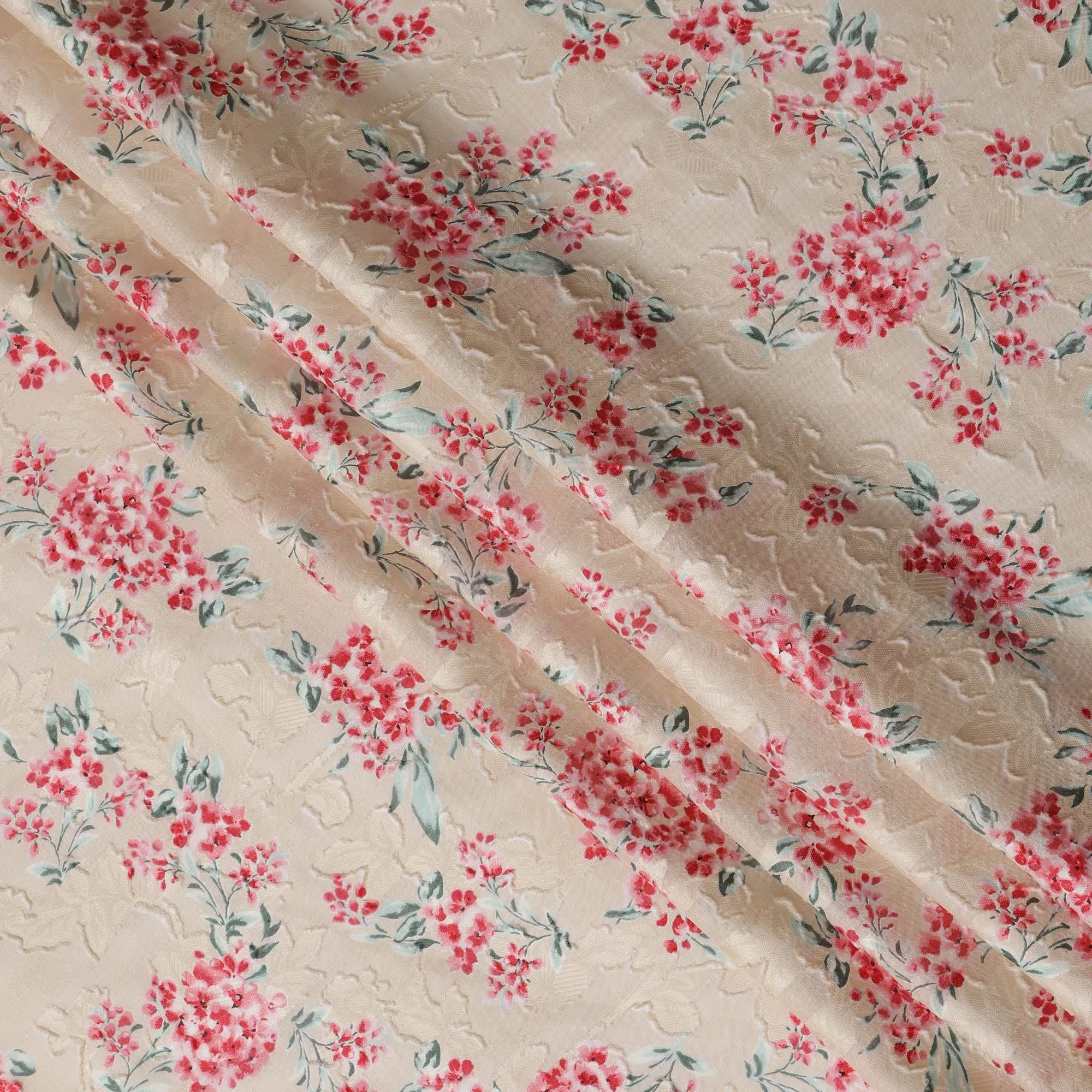 Japanese Floral Cotton Voile Fabric in Cream, Delicate Pink & Green Flower Print, 110 cm Width-D20906