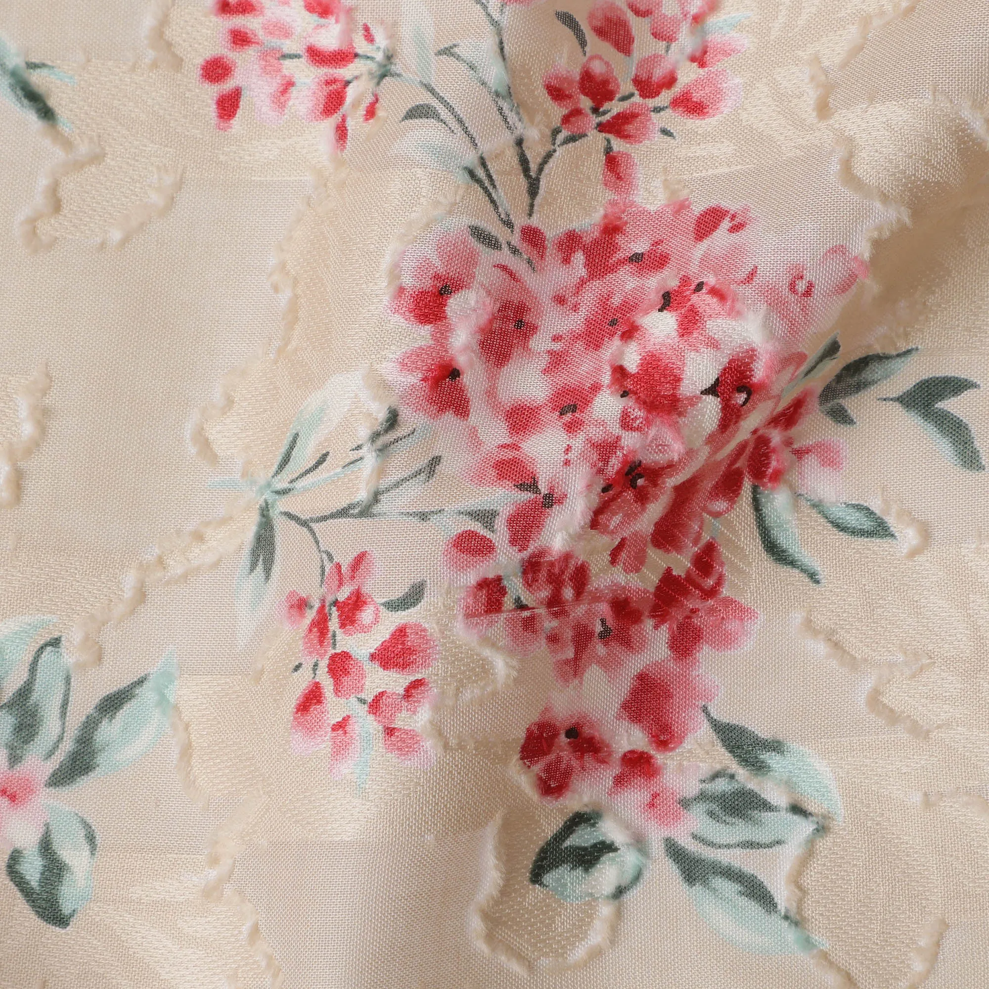 Japanese Floral Cotton Voile Fabric in Cream, Delicate Pink & Green Flower Print, 110 cm Width-D20906