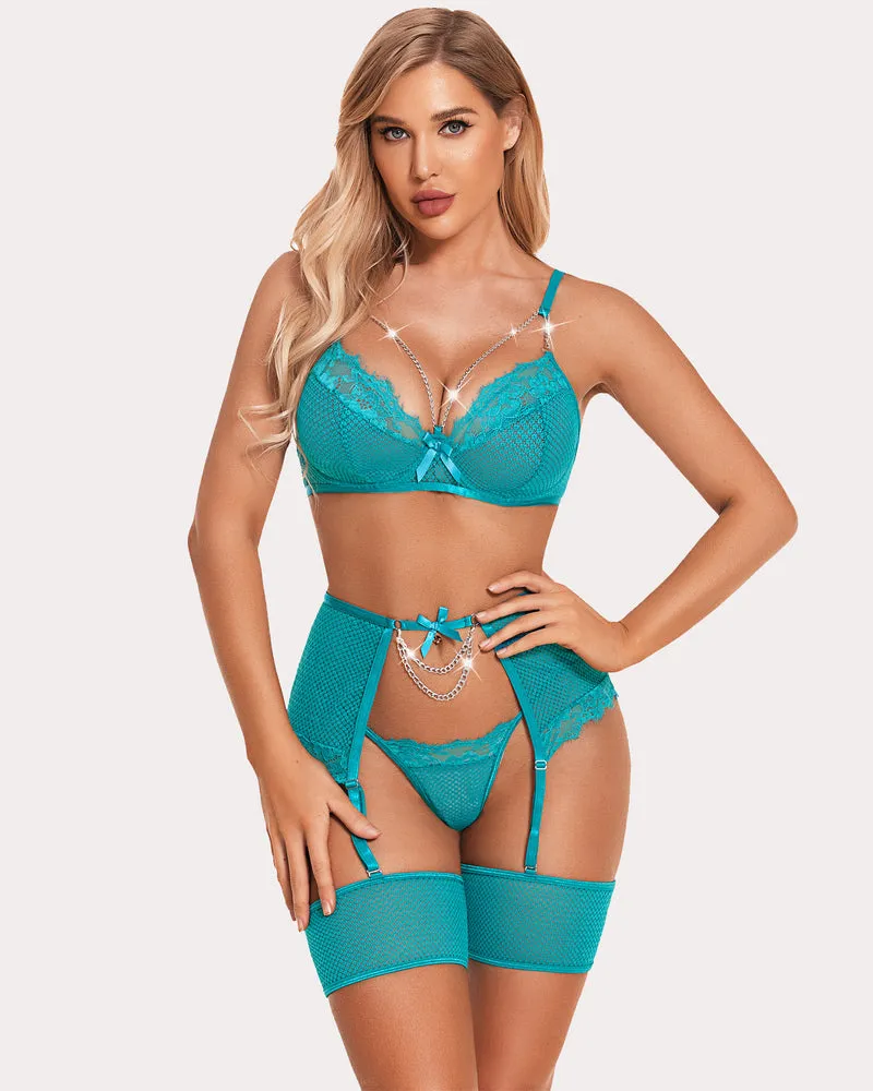 Lace 4 Piece Sets Chain Bra and Panty