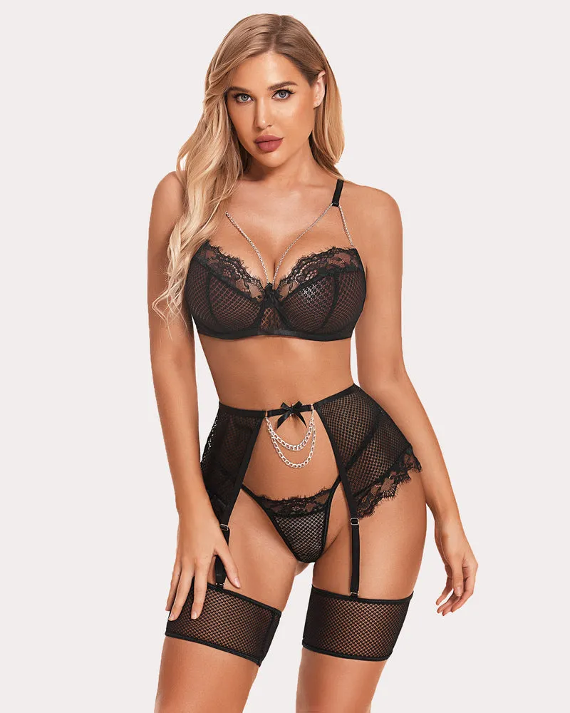 Lace 4 Piece Sets Chain Bra and Panty