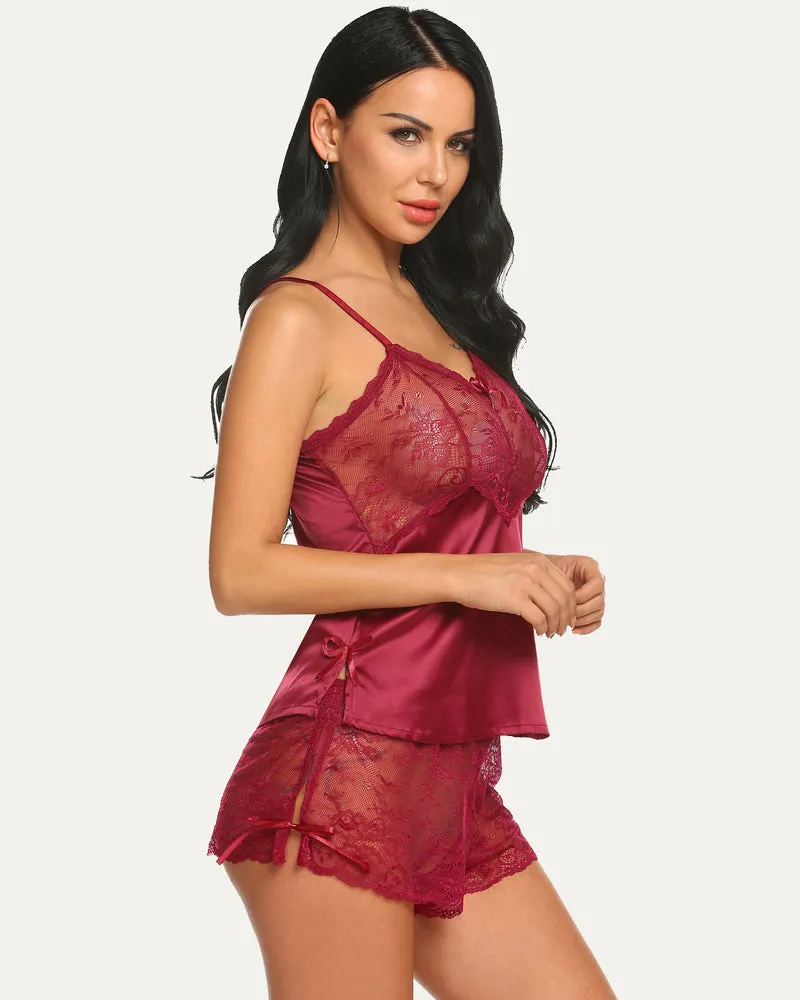 Lace Cami and Shorts Two Piece Satin Sets