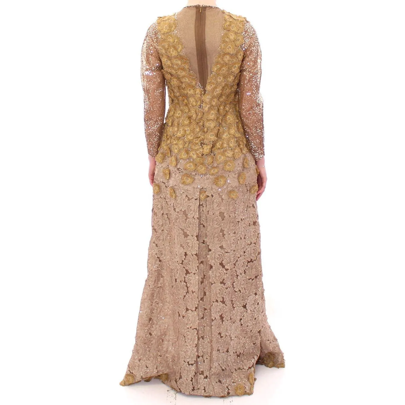 Lanre Da Silva Ajayi Exquisite Gold Lace Maxi Dress with Crystals