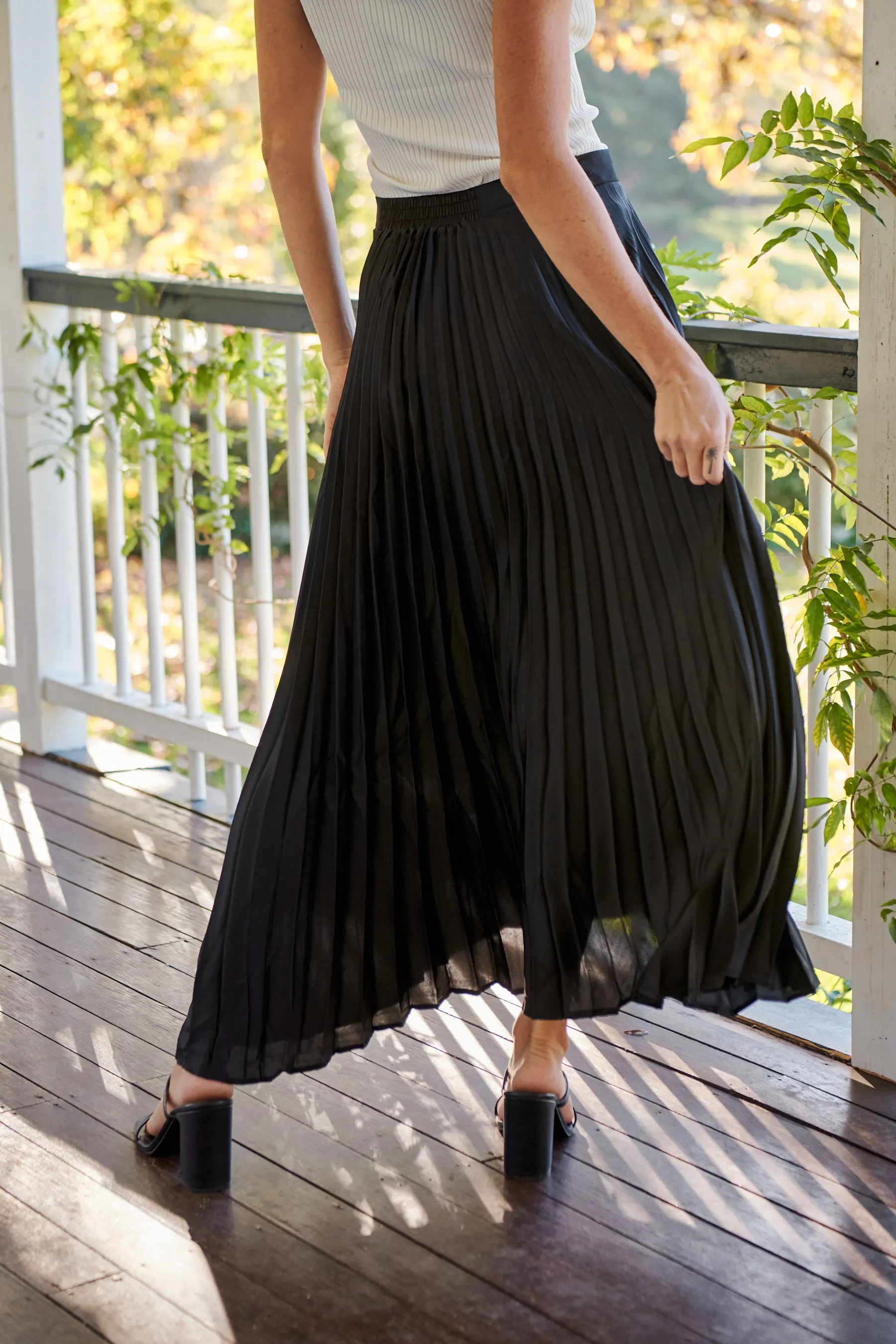 Lucy Pleated Black Satin Skirt