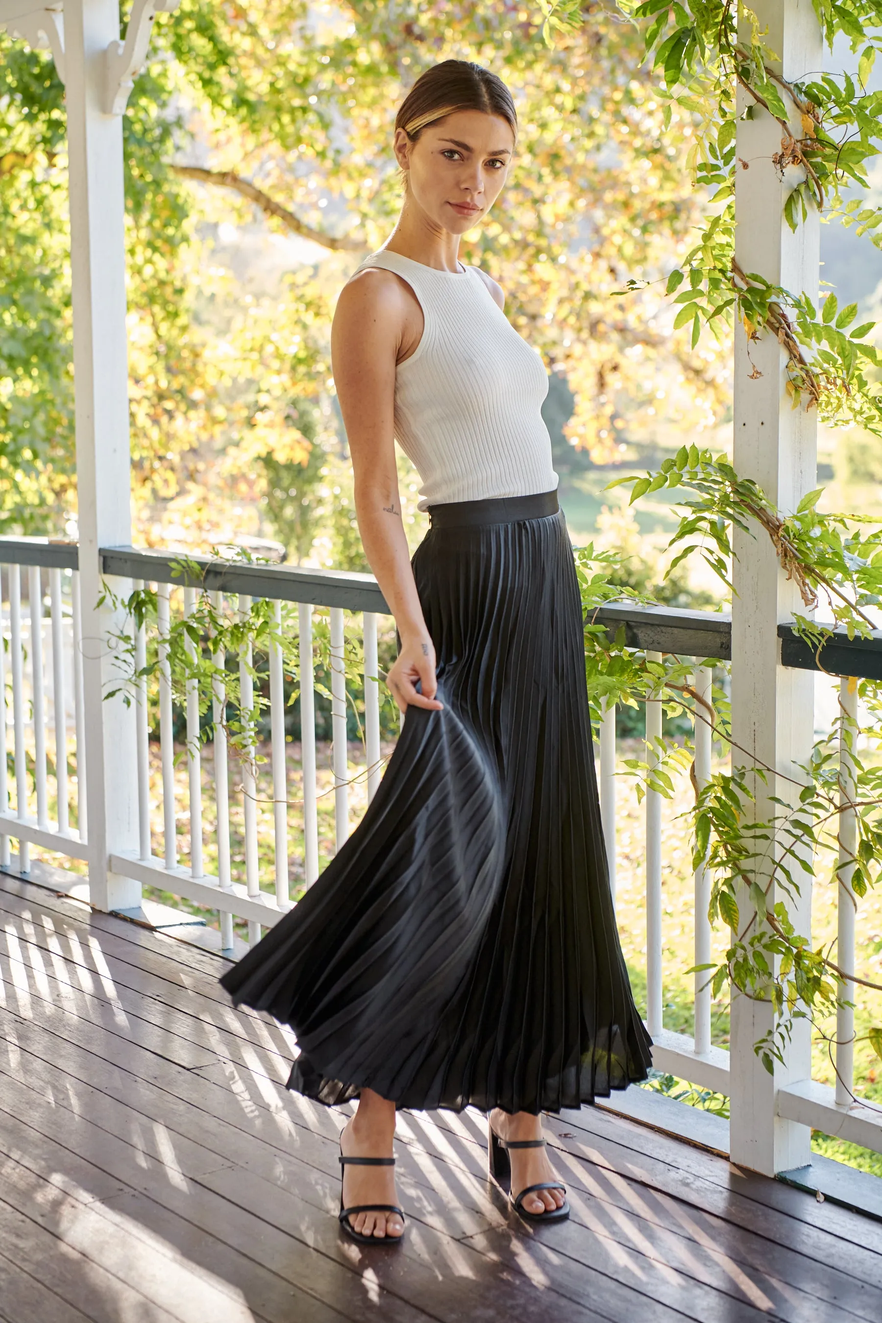 Lucy Pleated Black Satin Skirt