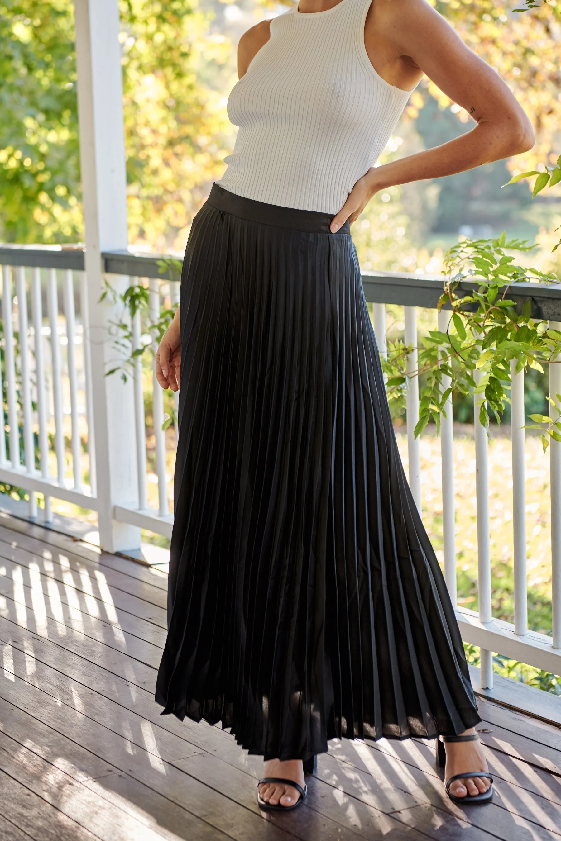 Lucy Pleated Black Satin Skirt