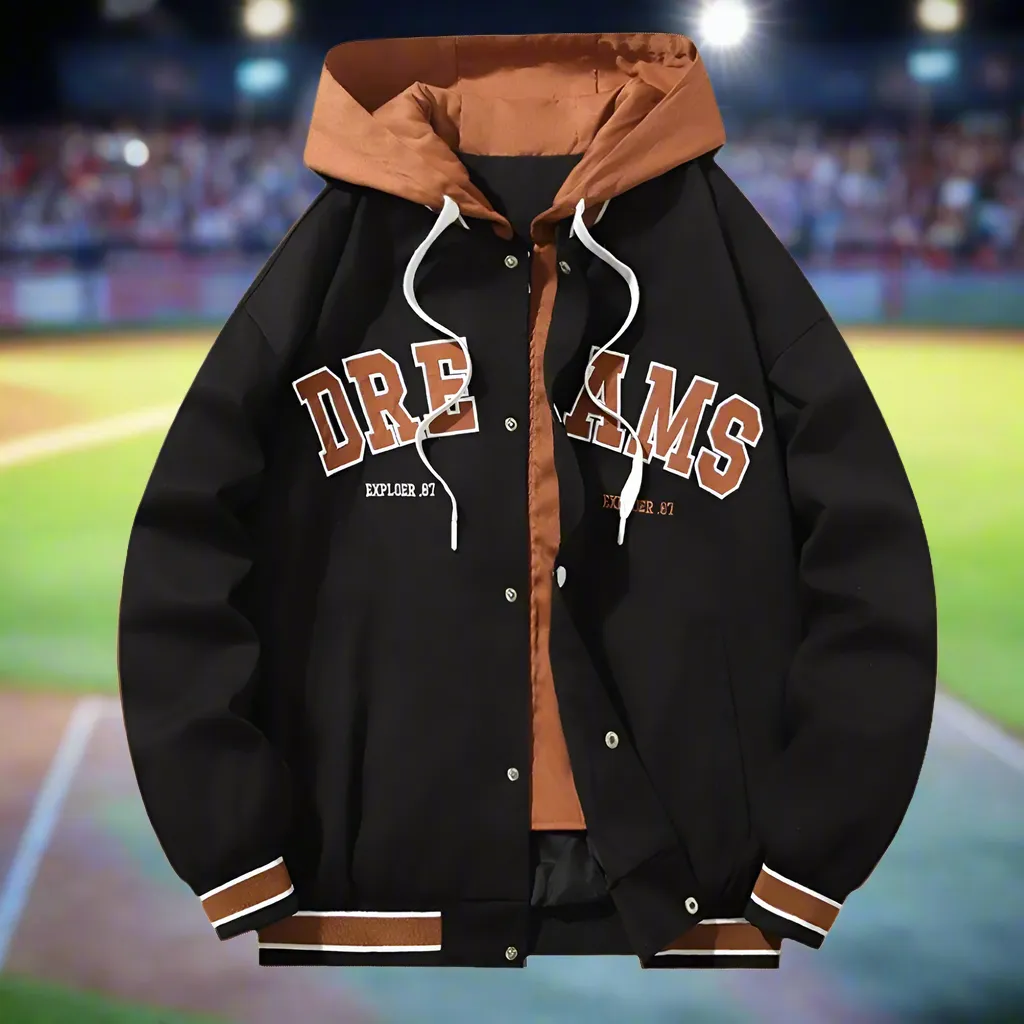 Mens Layered Look Baseball Jacket With Hood