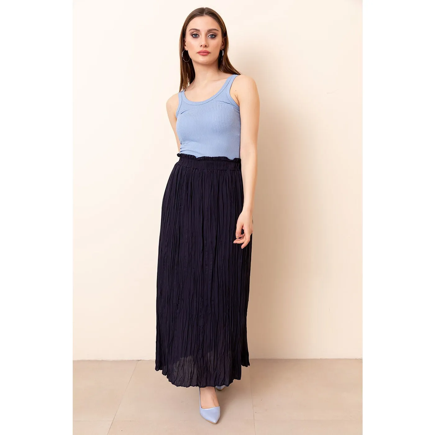 Navy Lined Chiffon Pleated Skirt