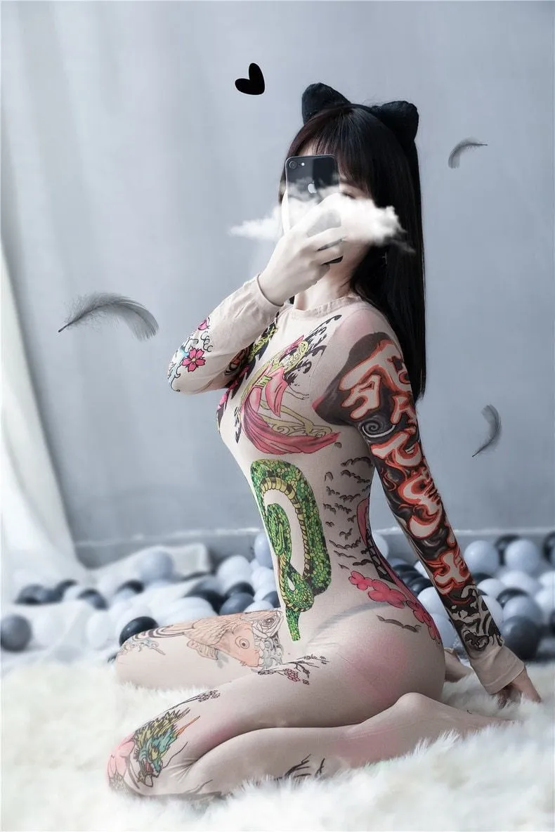 Oriental Tattoo Mesh Bodysuit