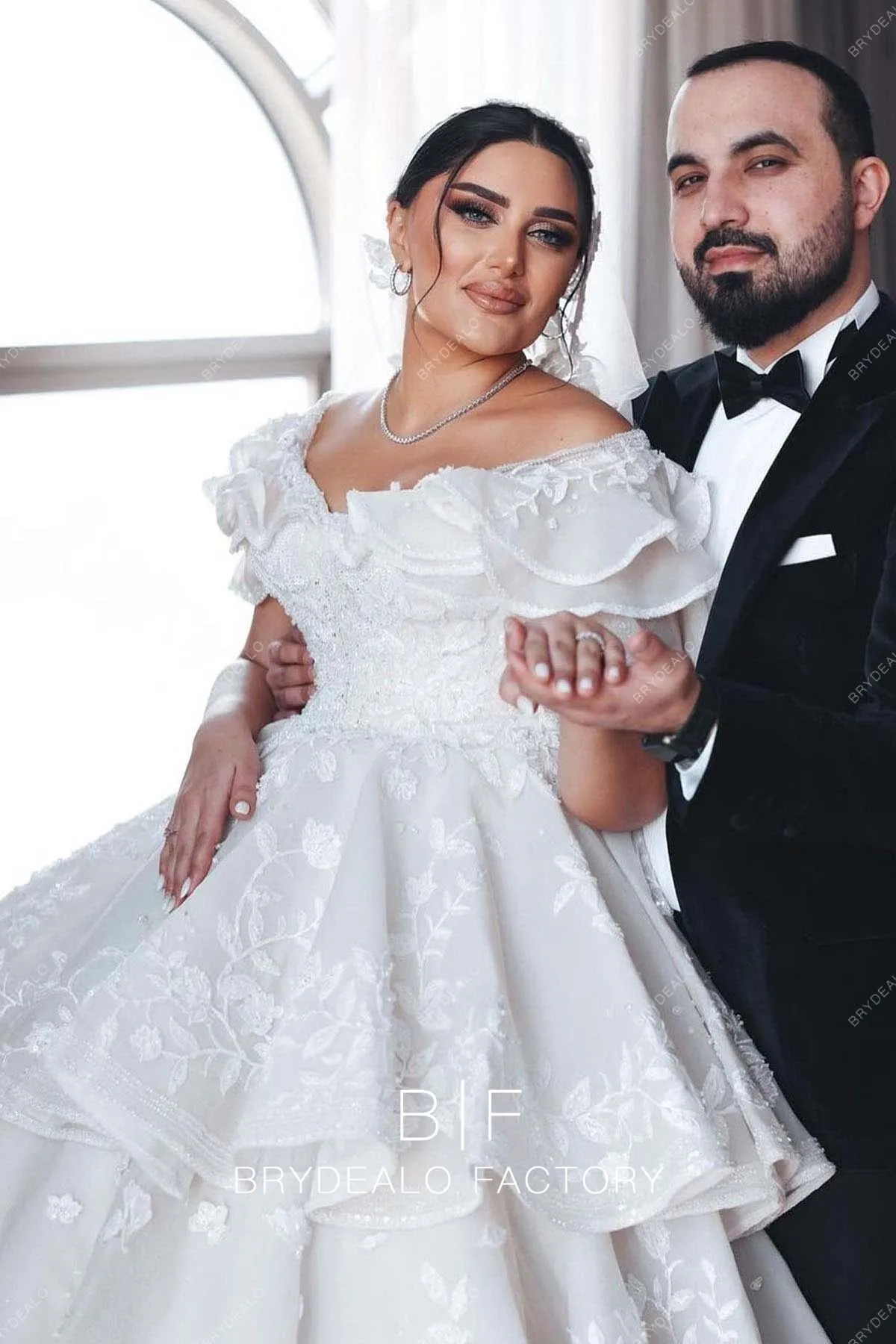 Plus Size Lace Off Shoulder Luxury Tiered Long Train Wedding Ball Gown