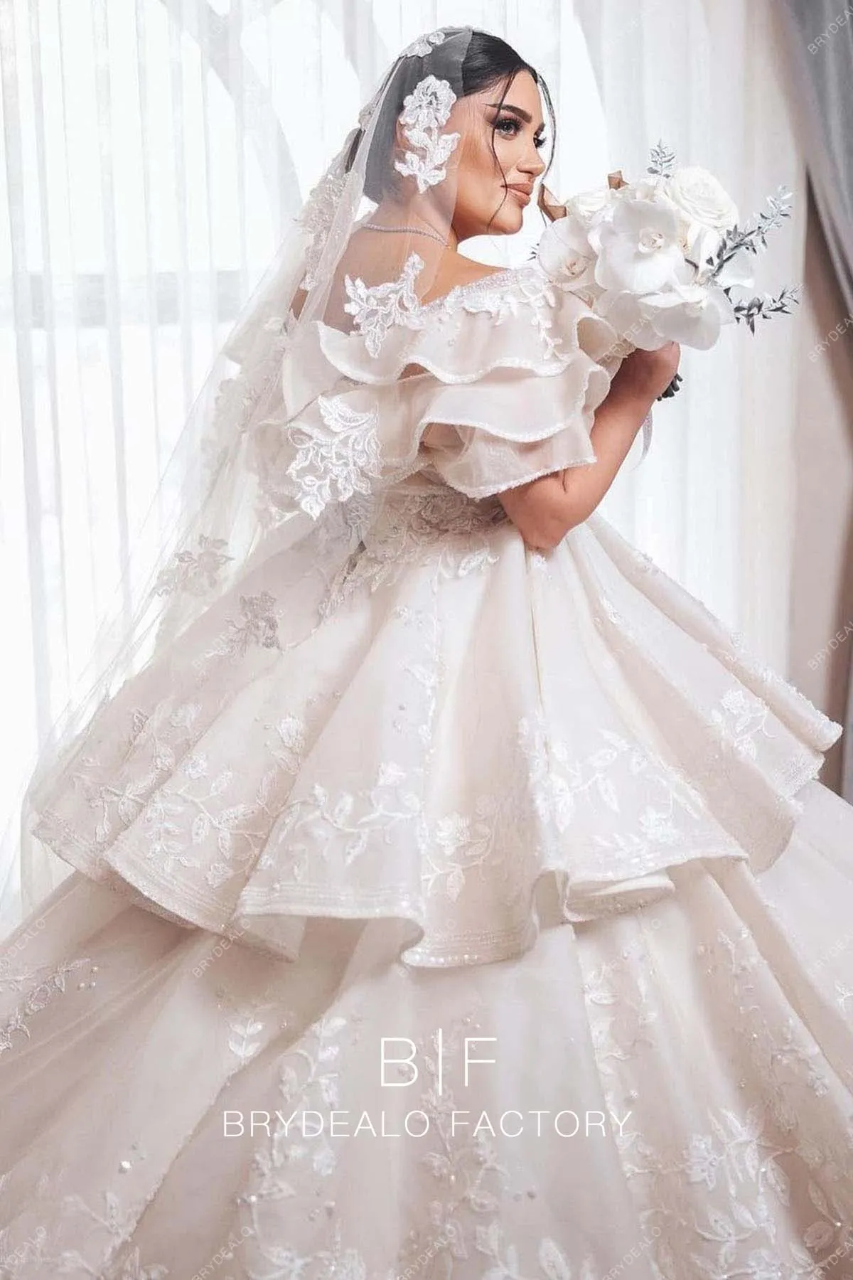 Plus Size Lace Off Shoulder Luxury Tiered Long Train Wedding Ball Gown