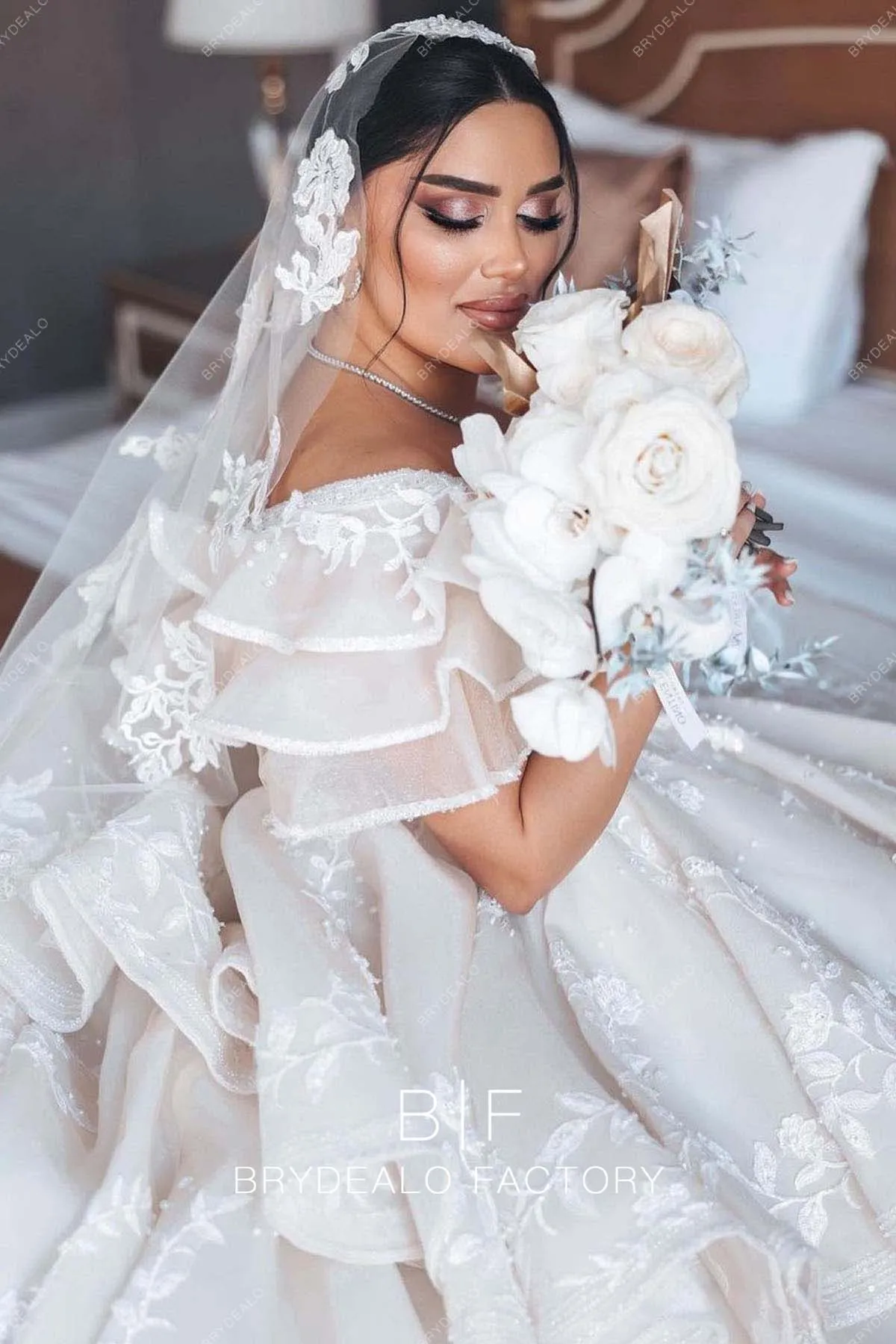 Plus Size Lace Off Shoulder Luxury Tiered Long Train Wedding Ball Gown