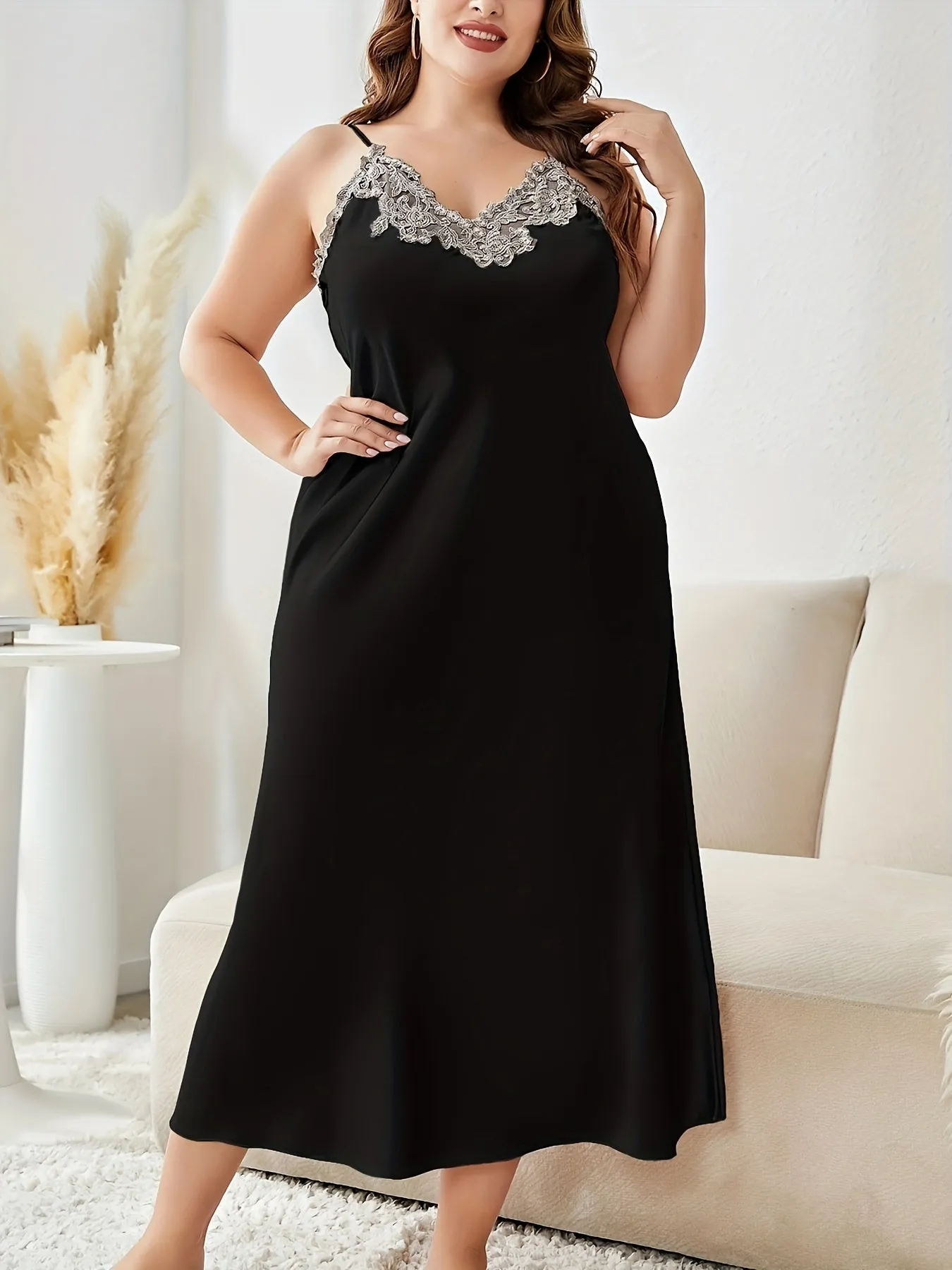 Seductive Elegance Plus Size Guipure Lace V-Neck Satin Sleep Dress for Valentine's Day