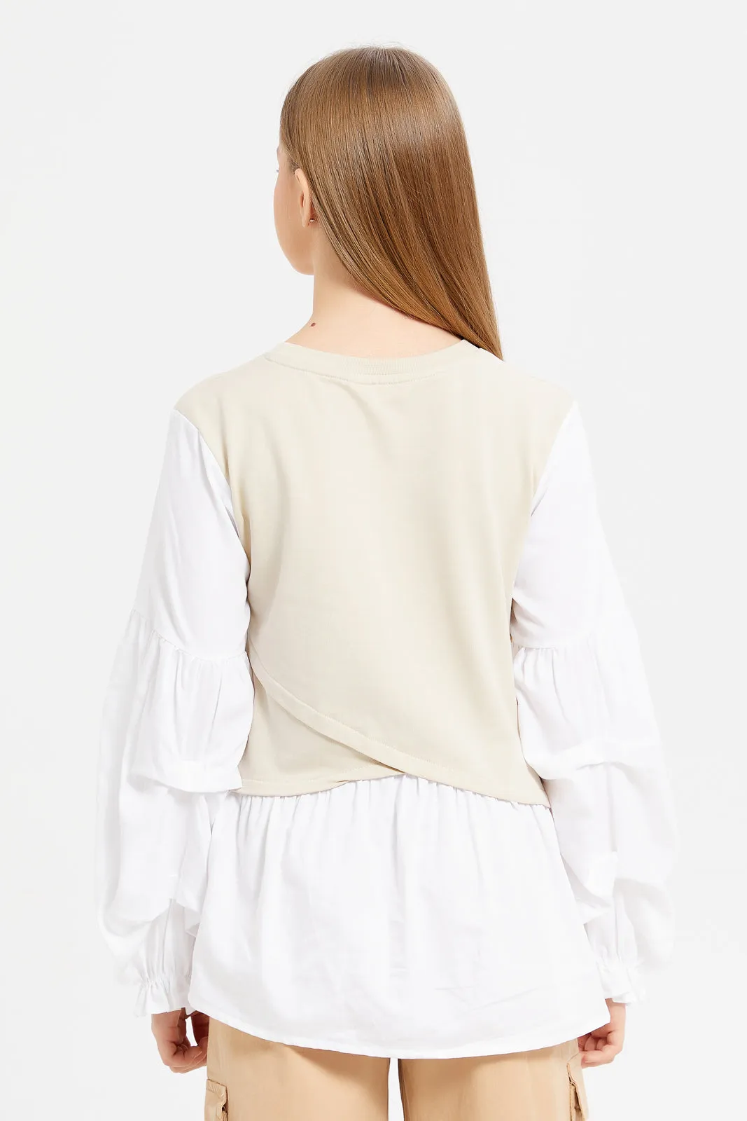 Senior Girls Cream And White Balloon Sleeve Blouse