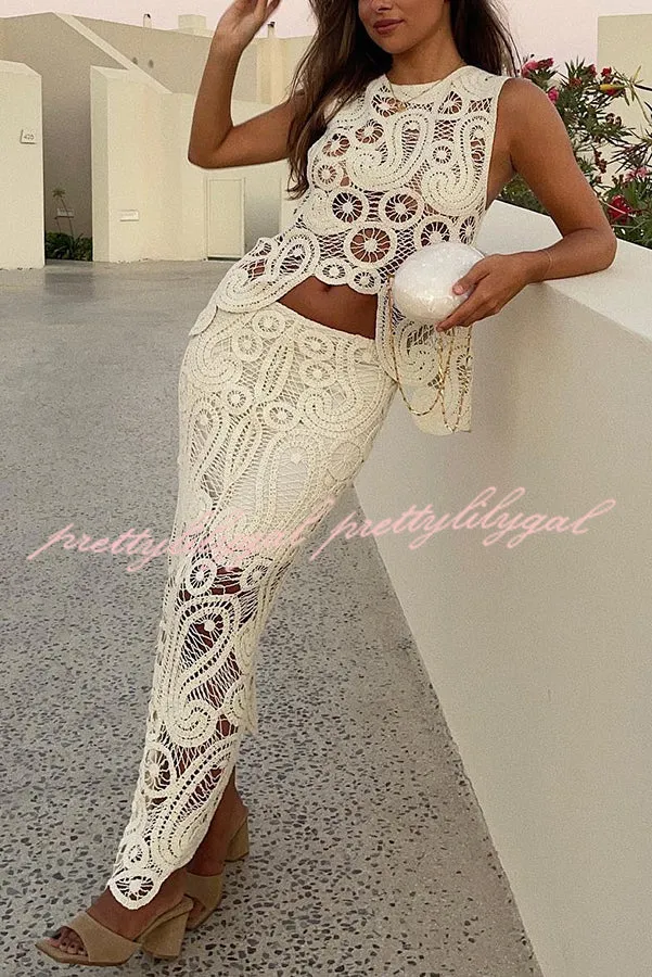 Summer Getaway Look Crochet Lace Elastic Waist Irregular Hem Maxi Skirt