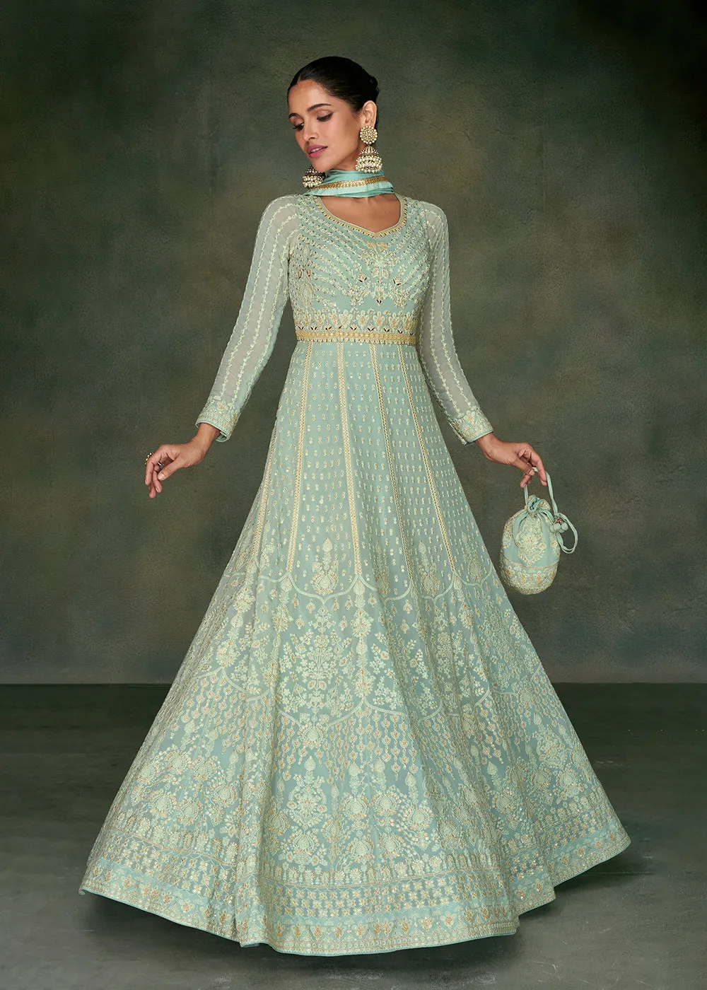 Tempting Aqua Green Georgette Embroidered Wedding Anarkali Suit