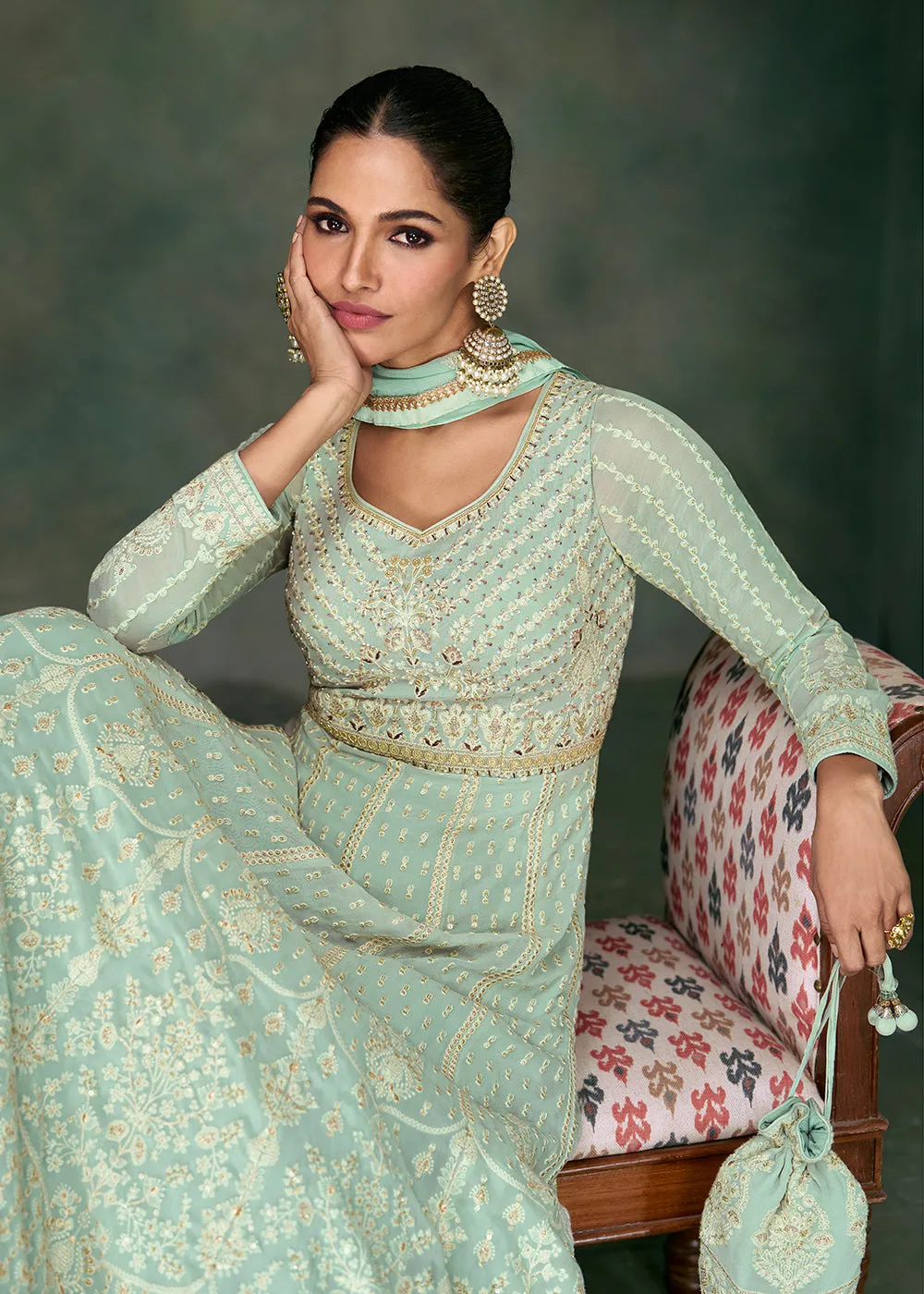 Tempting Aqua Green Georgette Embroidered Wedding Anarkali Suit