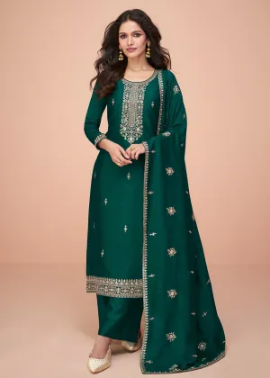 Tempting Green Silk Embroidered Palazzo Salwar Suit