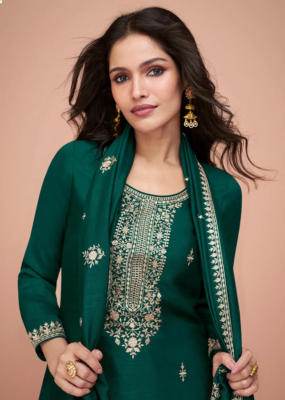 Tempting Green Silk Embroidered Palazzo Salwar Suit