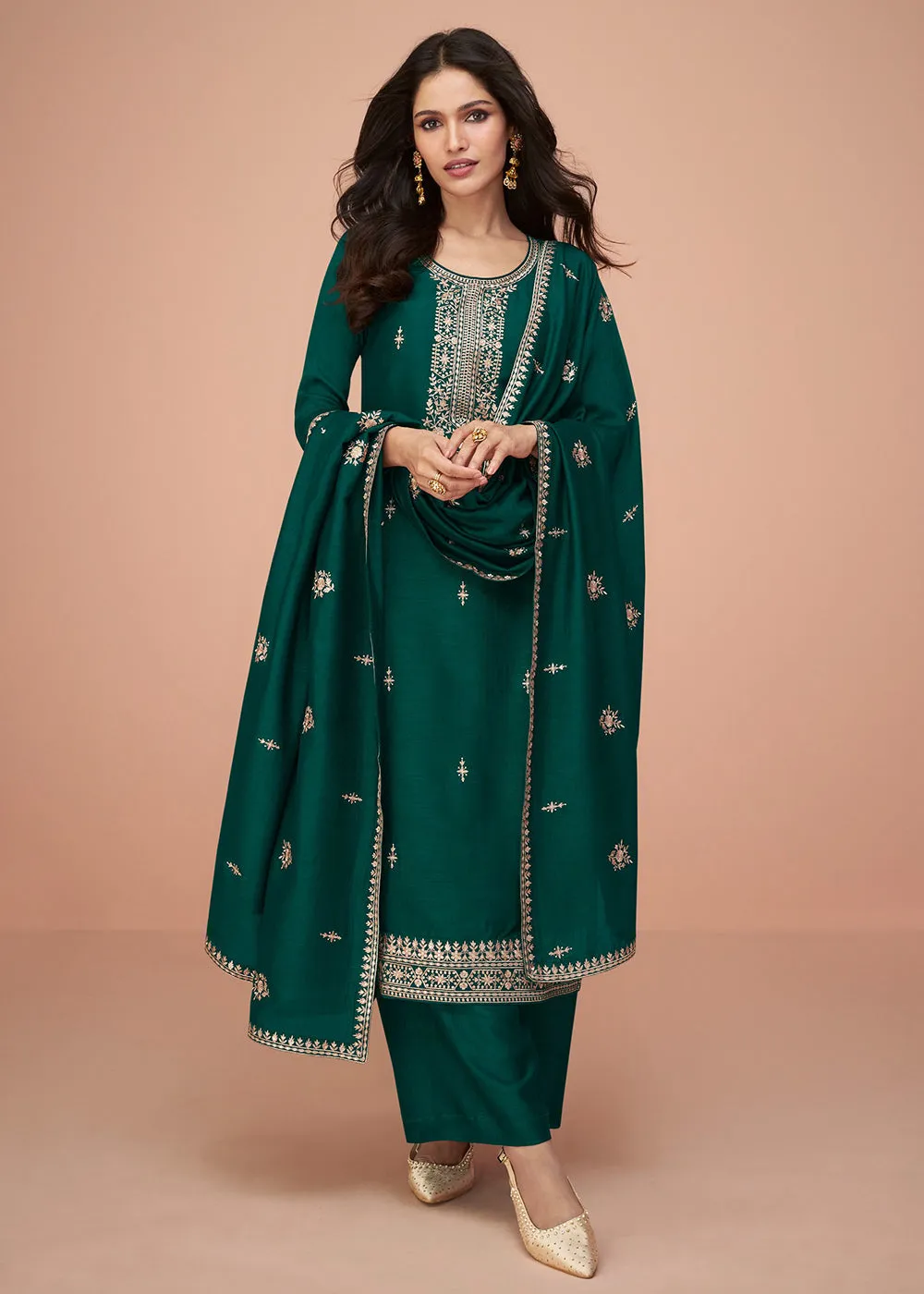 Tempting Green Silk Embroidered Palazzo Salwar Suit