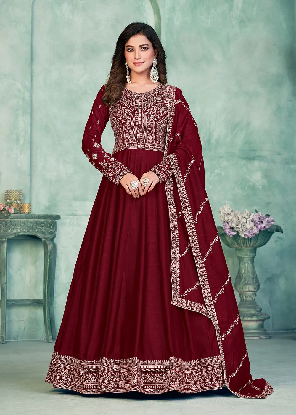 Tempting Maroon Art Silk Festive Style Anarkali Suit