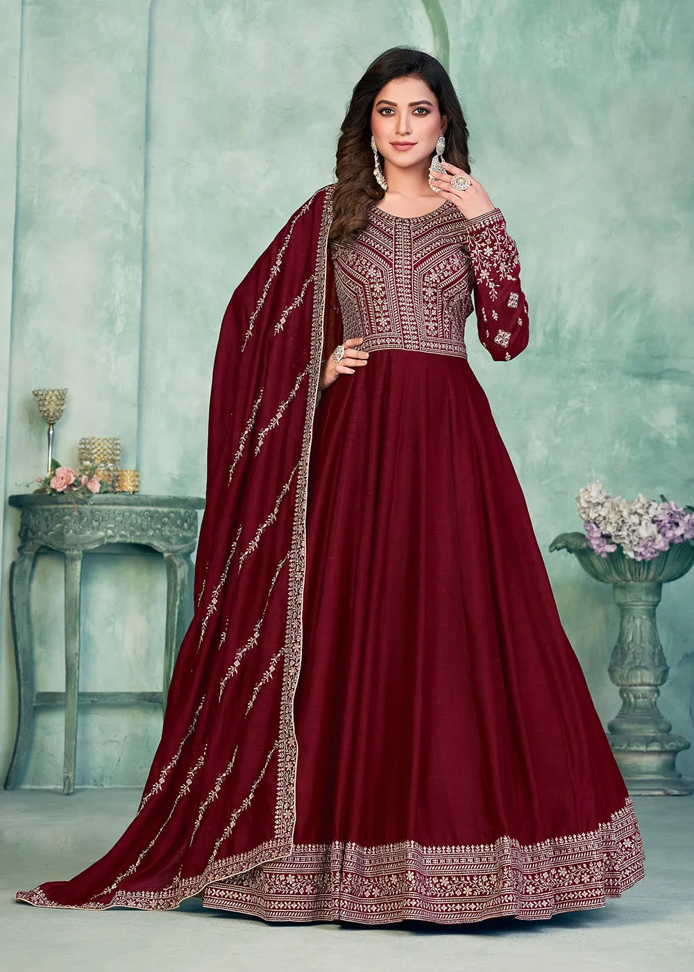 Tempting Maroon Art Silk Festive Style Anarkali Suit