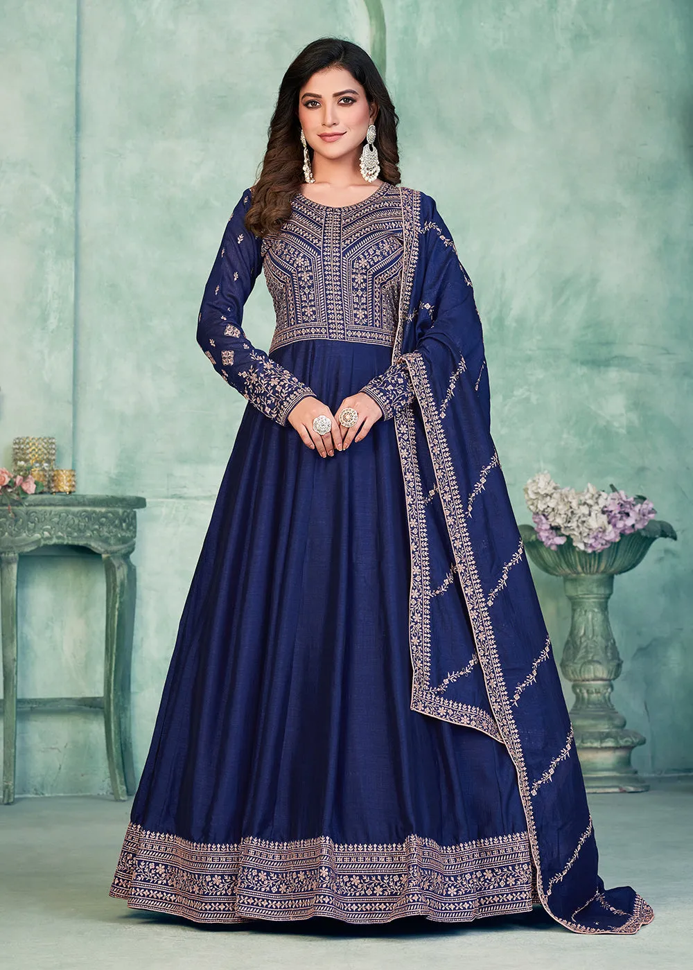 Tempting Navy Blue Art Silk Festive Style Anarkali Suit