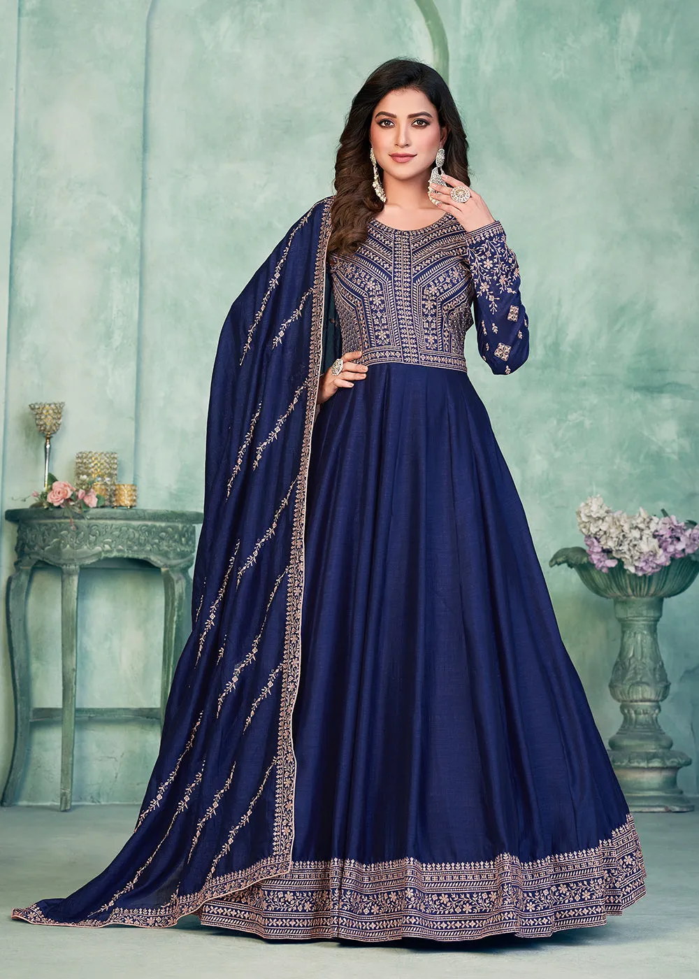 Tempting Navy Blue Art Silk Festive Style Anarkali Suit