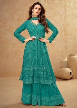 Tempting Peacock Blue Georgette Wedding Sharara Suit