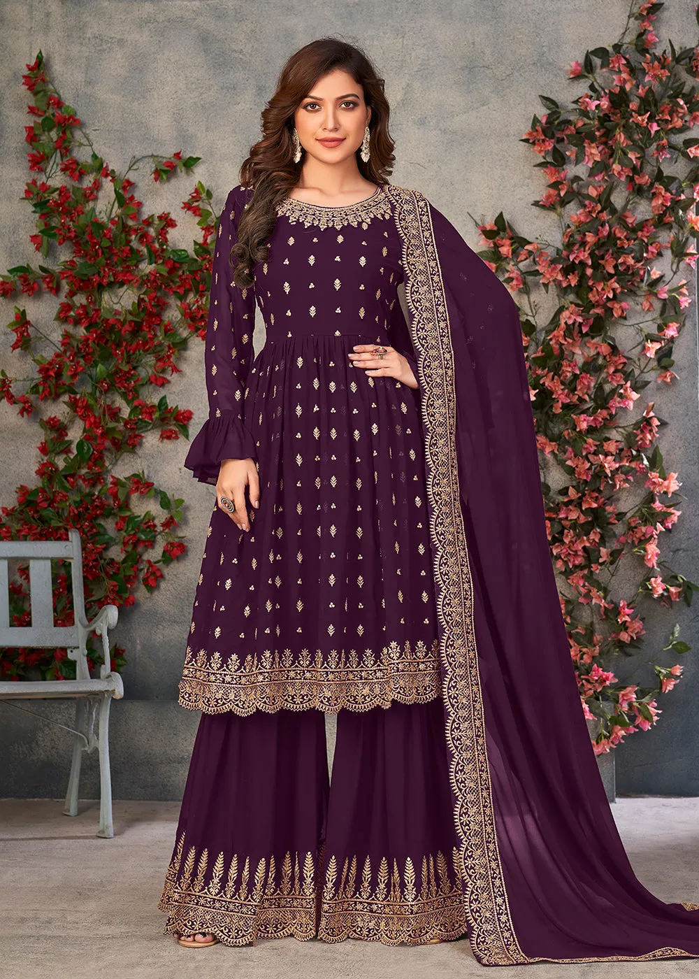 Tempting Purple Georgette Sangeet Wear Sharara Suit