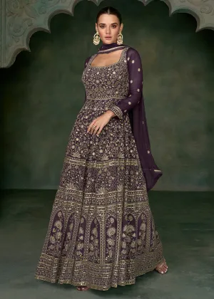 Tempting Wine Georgette Embroidered Wedding Anarkali Suit