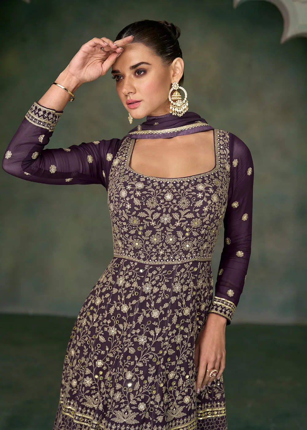 Tempting Wine Georgette Embroidered Wedding Anarkali Suit